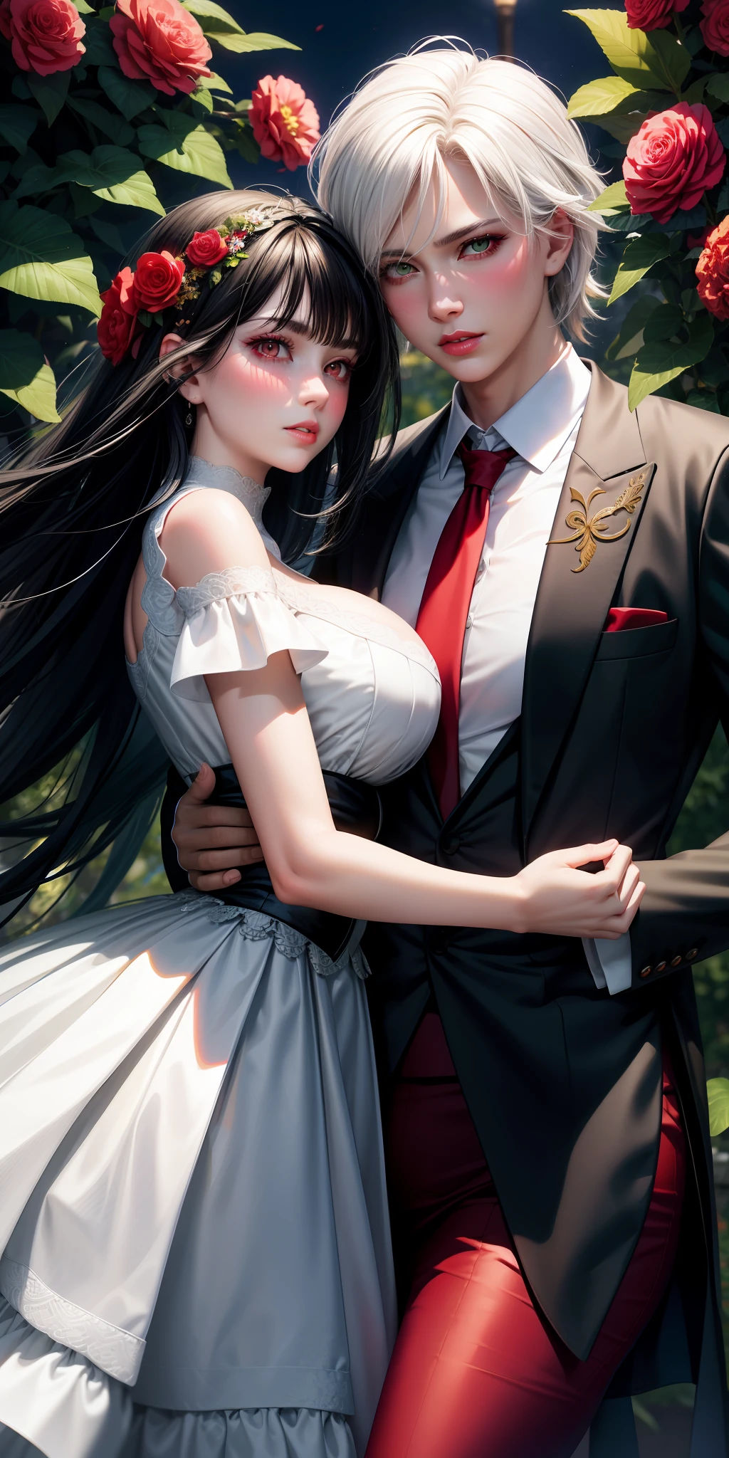realistic, couple, black hair, white hair, red eyes, green eyes, bright eyes, dress, oriental, skirt, lips half-open, blush, night, flowers, sun, sunlight, large breasts, suit