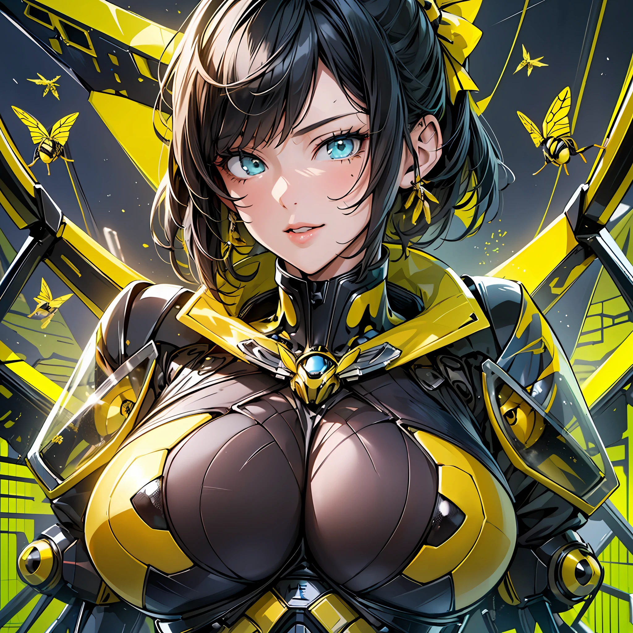 a close up of a woman in a yellow and black outfit, best anime 4k konachan wallpaper, cyberpunk bee, mechanized valkyrie girl, biomechanical oppai, human structure bee concept art, extremely detailed artgerm, based on bumblebee, cyborg wasp, anime style 4 k, oppai cyberpunk, insect trainer girl, bumblebee