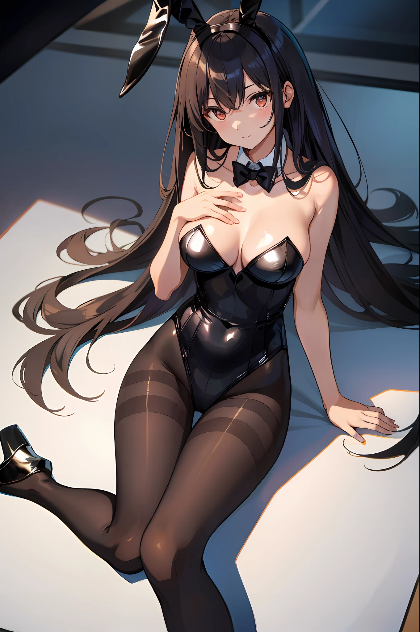 masterpiece, best quality, finely detailed, high resolution, extremely delicate and beautiful, (black bunny girl), (breasts), (pantyhose)