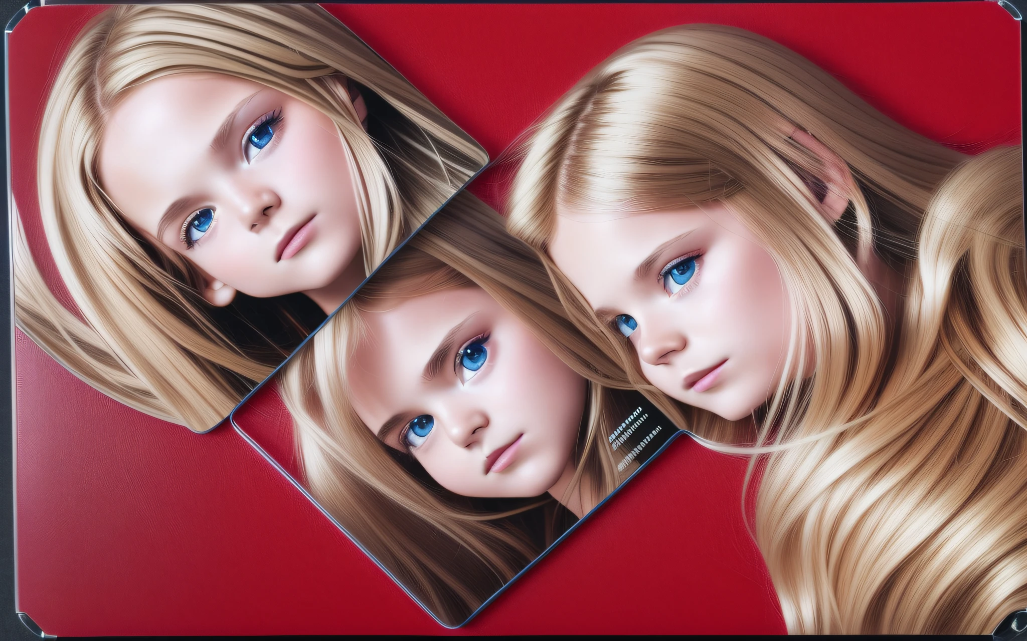 3 GIRLS BLONDE LONG HAIR CHILDREN IN RED LEATHER JACKET, A closeup of a CD and a CD box on a table, Packshot, CDs, CD Jacket, DVD Package, Medium Close Shot, Detailed Product Image, Medium Wide Shot, Medium Closeup, Close Medium Shot, New Boards of Canada album cover, soft vinyl, round format,  Boards of Canada album cover, BLU - Ray Transfer 5 K, Fujifilm"