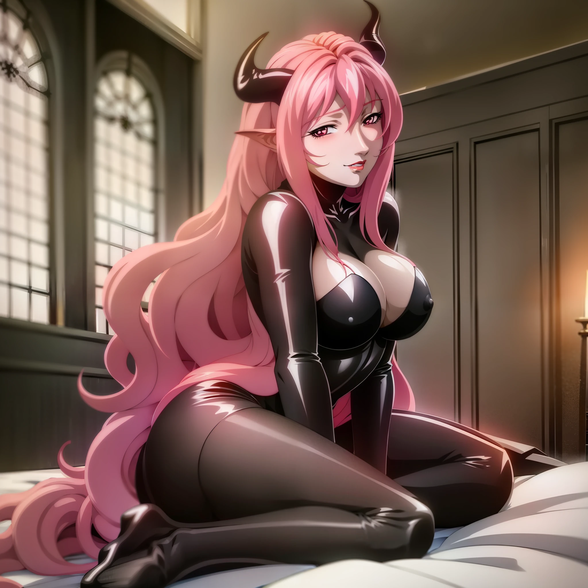 Succubus with long wavy pink hair, orange eyes, white skin revealing black clothes, voluptuous body, perverted smile, fantastic style, medieval room, lying on a bed