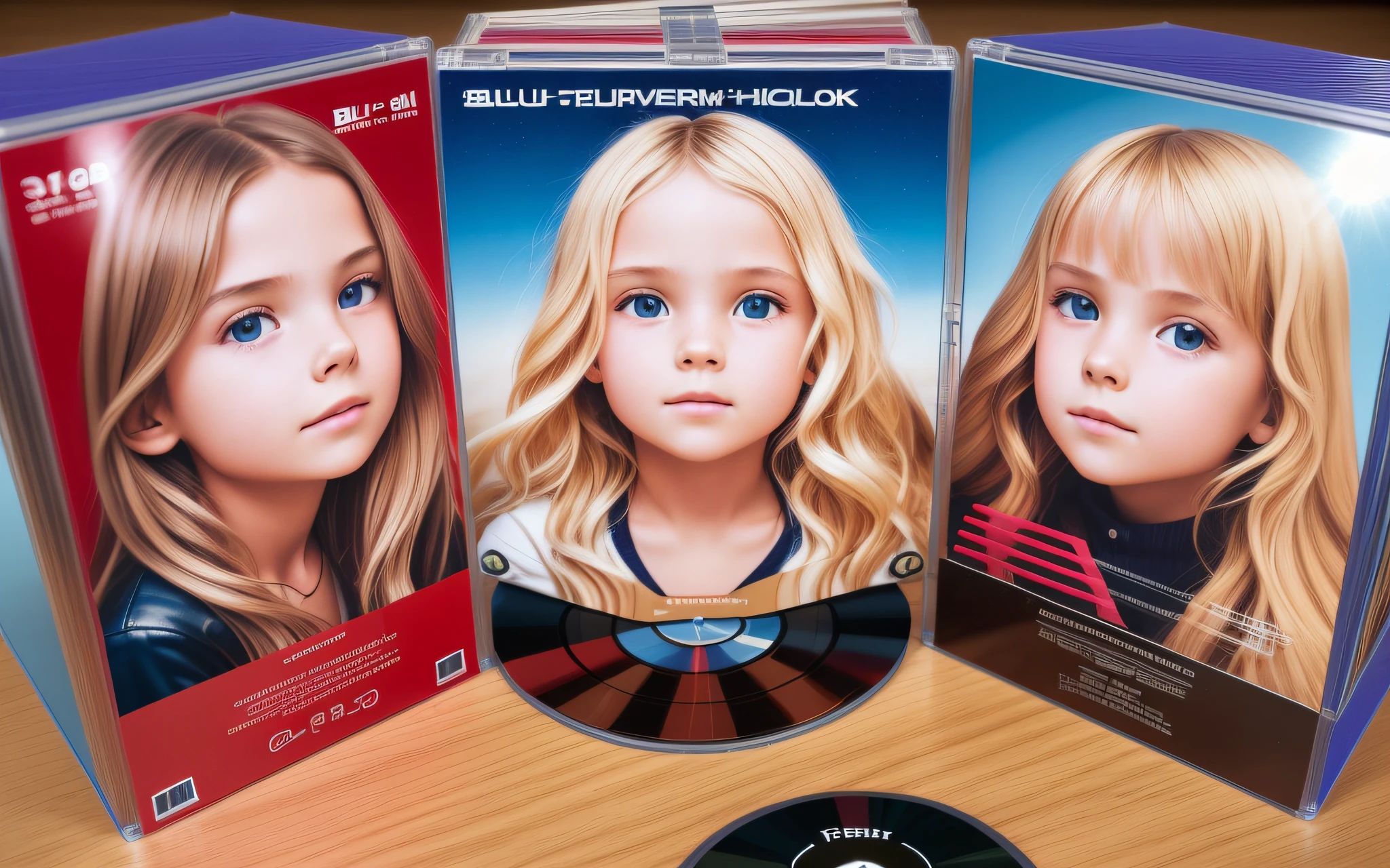 3 GIRLS BLONDE LONG HAIR CHILDREN IN RED LEATHER JACKET, A closeup of a CD and a CD box on a table, Packshot, CDs, CD Jacket, DVD Package, Medium Close Shot, Detailed Product Image, Medium Wide Shot, Medium Closeup, Close Medium Shot, New Boards of Canada album cover, soft vinyl, round format,  Boards of Canada album cover, BLU - Ray Transfer 5 K, Fujifilm"