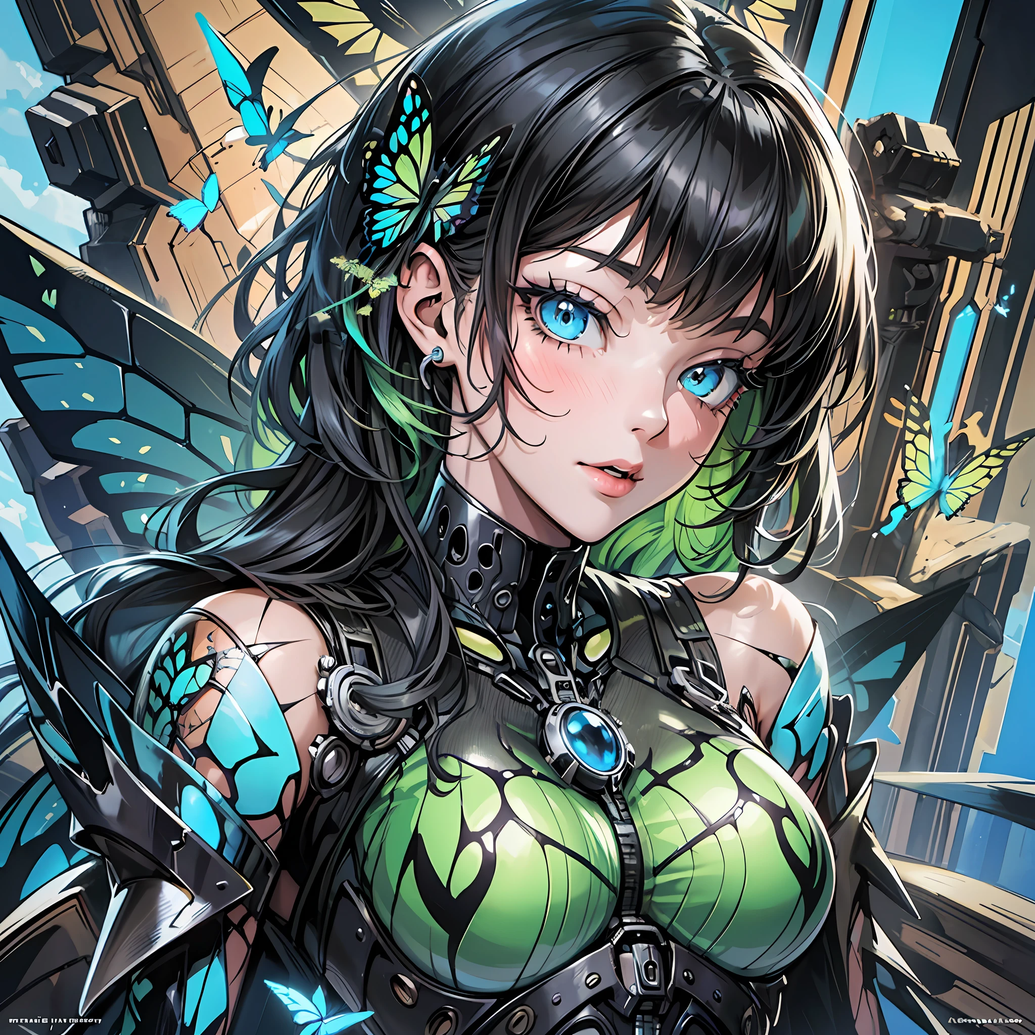 Close up portrait of woman in black swallowtail color costume, best anime 4k wallpaper, cyberpunk butterfly, mechanized valkyrie girl, biomechanical, human structure butterfly concept art, highly detailed artgerm based on black swallowtail, cyborg black swallowtail, anime style 4k, black swallowtail
