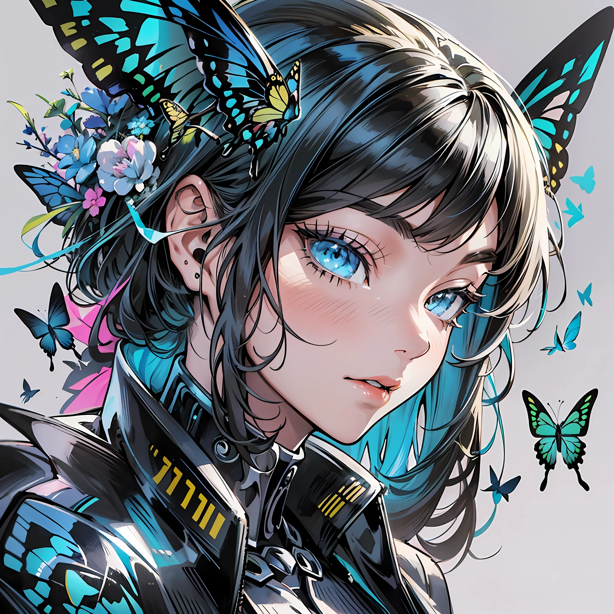 Close up portrait of woman in black swallowtail color costume, best anime 4k wallpaper, cyberpunk butterfly, mechanized valkyrie girl, biomechanical, human structure butterfly concept art, highly detailed artgerm based on black swallowtail, cyborg black swallowtail, anime style 4k, black swallowtail