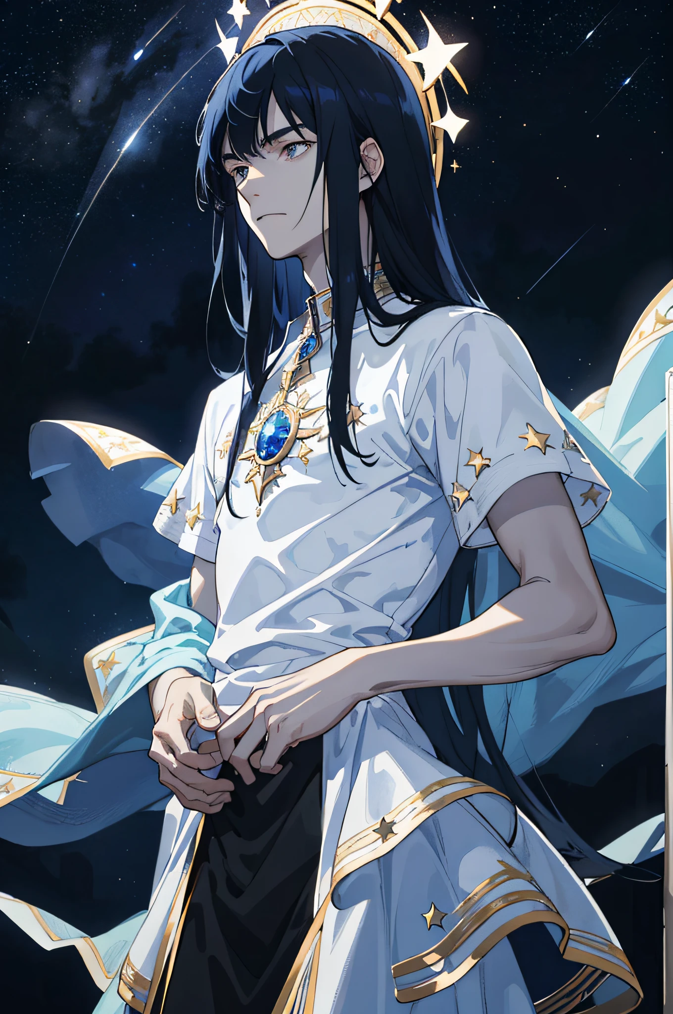 Masterpiece, best quality, teenager, male, long dark blue hair, straight hair, flush bangs, white skin, indifferent expression, intricate details, delicate princess dress, dark night, starry sky, stars, black, blue, black background