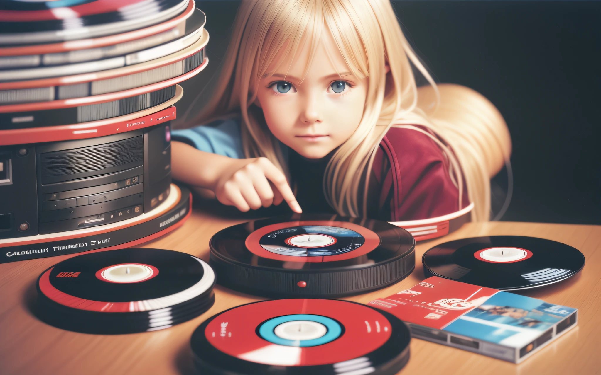 3 GIRLS BLONDE LONG HAIR CHILDREN IN RED LEATHER JACKET, A closeup of a CD and a CD box on a table, Packshot, CDs, CD Jacket, DVD Package, Medium Close Shot, Detailed Product Image, Medium Wide Shot, Medium Closeup, Close Medium Shot, New Boards of Canada album cover, soft vinyl, round format,  Boards of Canada album cover, BLU - Ray Transfer 5 K, Fujifilm"