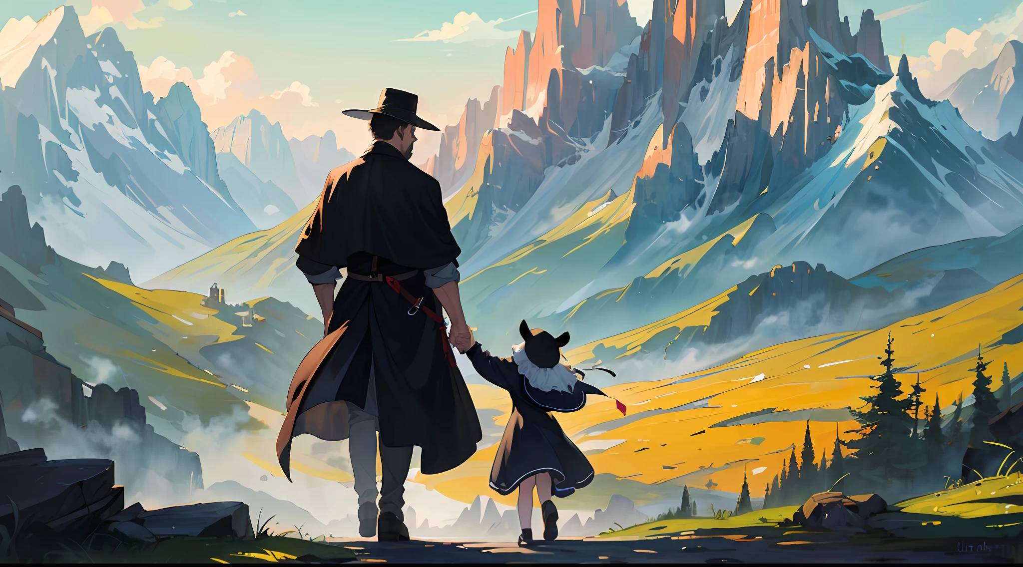 (Masterpiece, high resolution, best quality), 1 middle-aged man and 1  girl, vista, antique, back, invisible face, middle-aged man wearing a cloak on his head, carrying a sword behind him, littleholding the middle-aged man's hand, the two walk forward together, the background is a towering mountain peak, like an ink painting