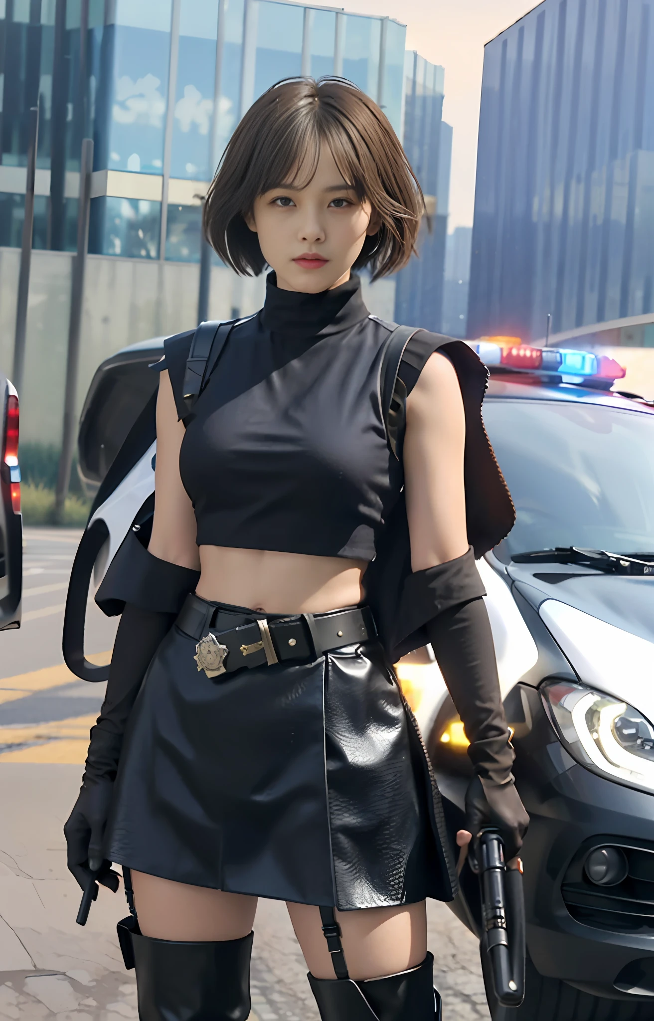 Official art, extremely detailed CG Unity 8k wallpaper, best quality, masterpiece, high resolution, beautiful girl criminal cop, short hair, black crop top vest, brown belt, pistol holster on thigh, body armor, tactical gloves, black minileather skirt, police uniform style, black long tube flat boots, police badge on chest, police car