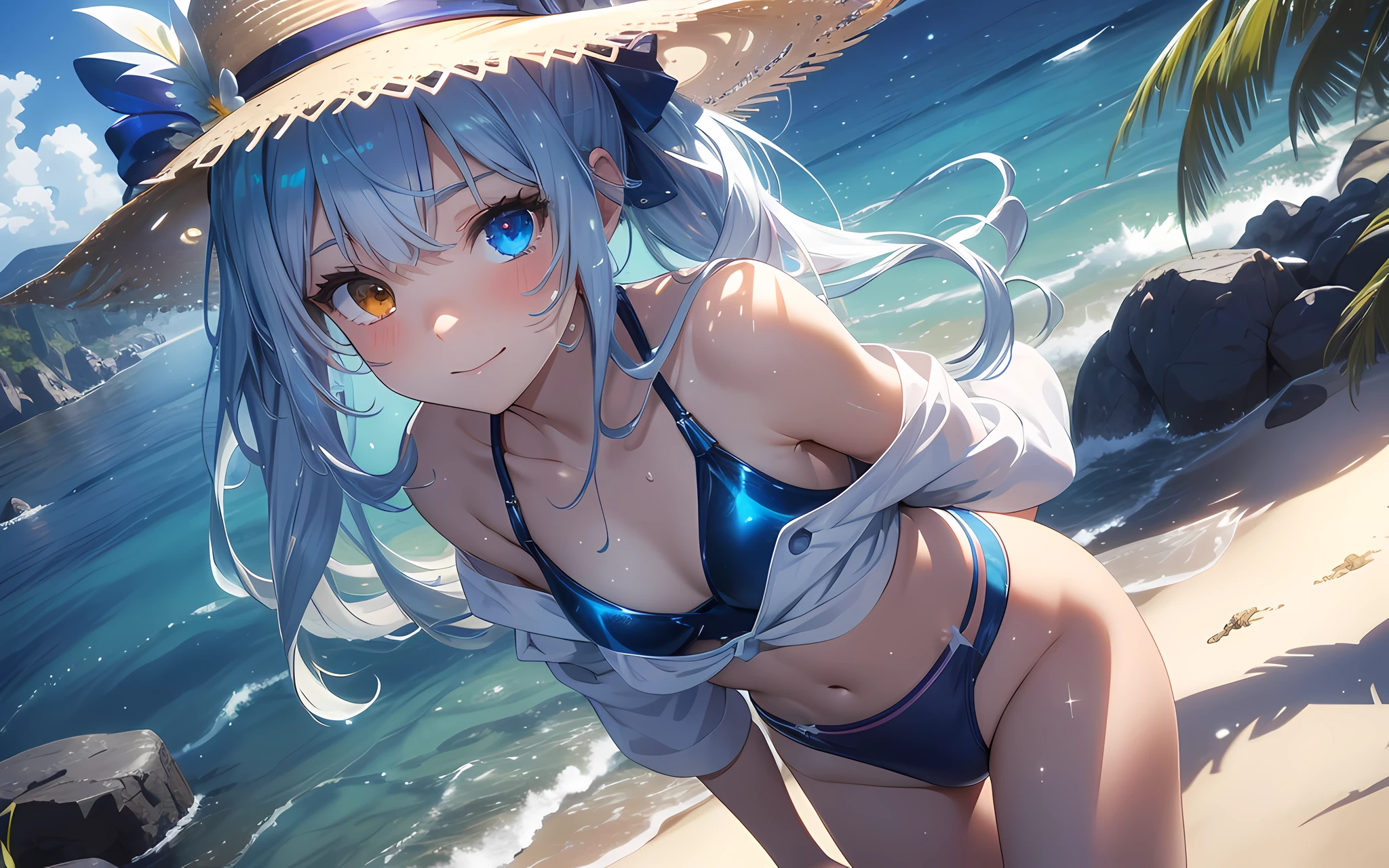 masterpiece, Top Quality, Photorealistic, Ultra detailed, Delicate, Orderly, High Detail, Bluish-silver ponytail, (drooping heterochromia iris:1.3),,10 yearsassing,Smile,Slender,Cowboy shot, Blurred background,(One Girl:1.1),Game CG,Dynamic Angle,(Bioluminescent hair,Glowing eyes:1.2), ambient occlusion,ambient light,ray-traced reflection, glow,glowing aura, glowing hair,sea, sand, swimsuit, straw hat, wind, blue sky, wet