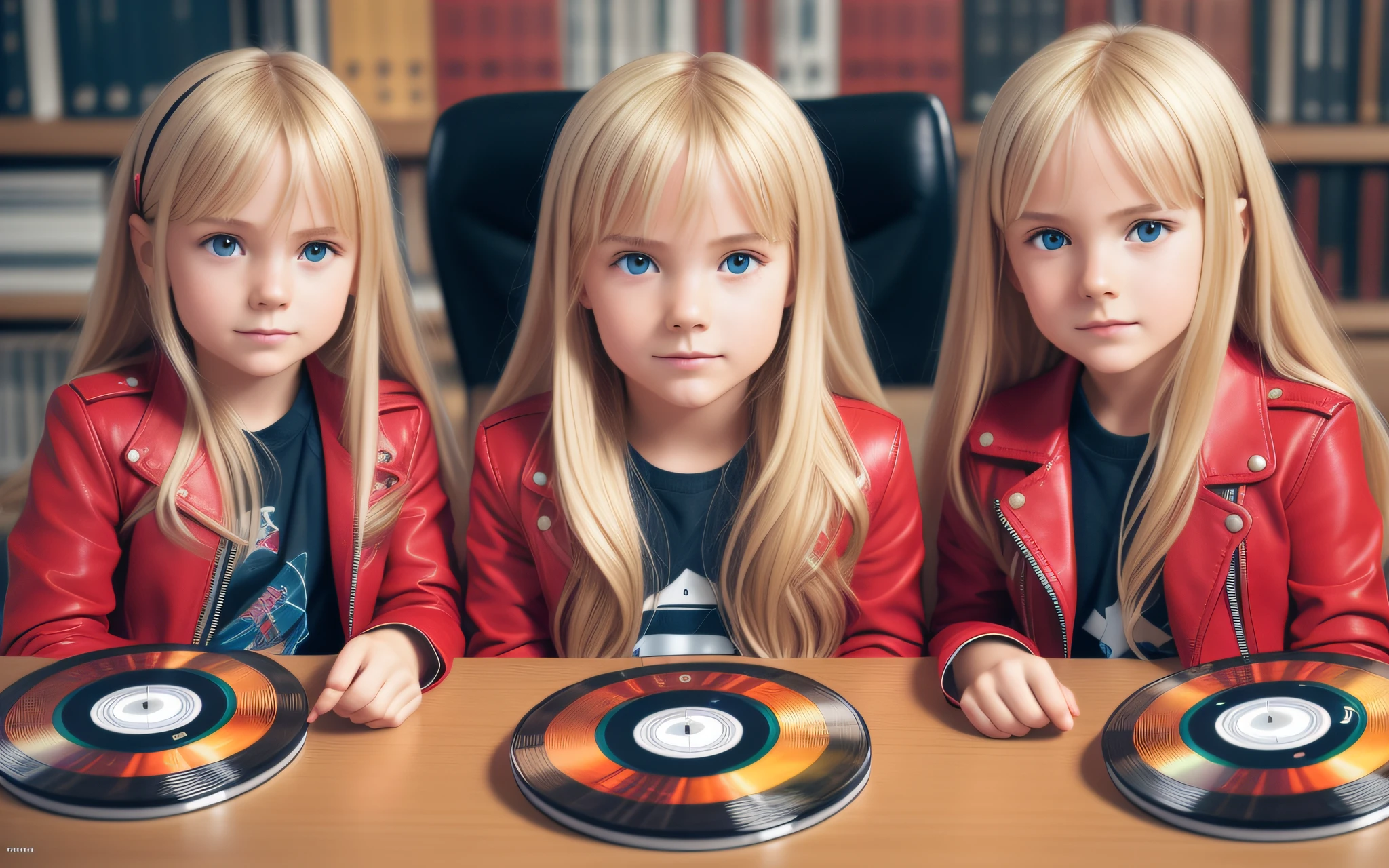 3 GIRLS BLONDE LONG HAIR CHILDREN IN RED LEATHER JACKET, A closeup of a CD and a CD box on a table, Packshot, CDs, CD Jacket, DVD Package, Medium Close Shot, Detailed Product Image, Medium Wide Shot, Medium Closeup, Close Medium Shot, New Boards of Canada album cover, soft vinyl, round format, Boards of Canada album cover, BLU - Ray Transfer 5 K, Fujifilm"