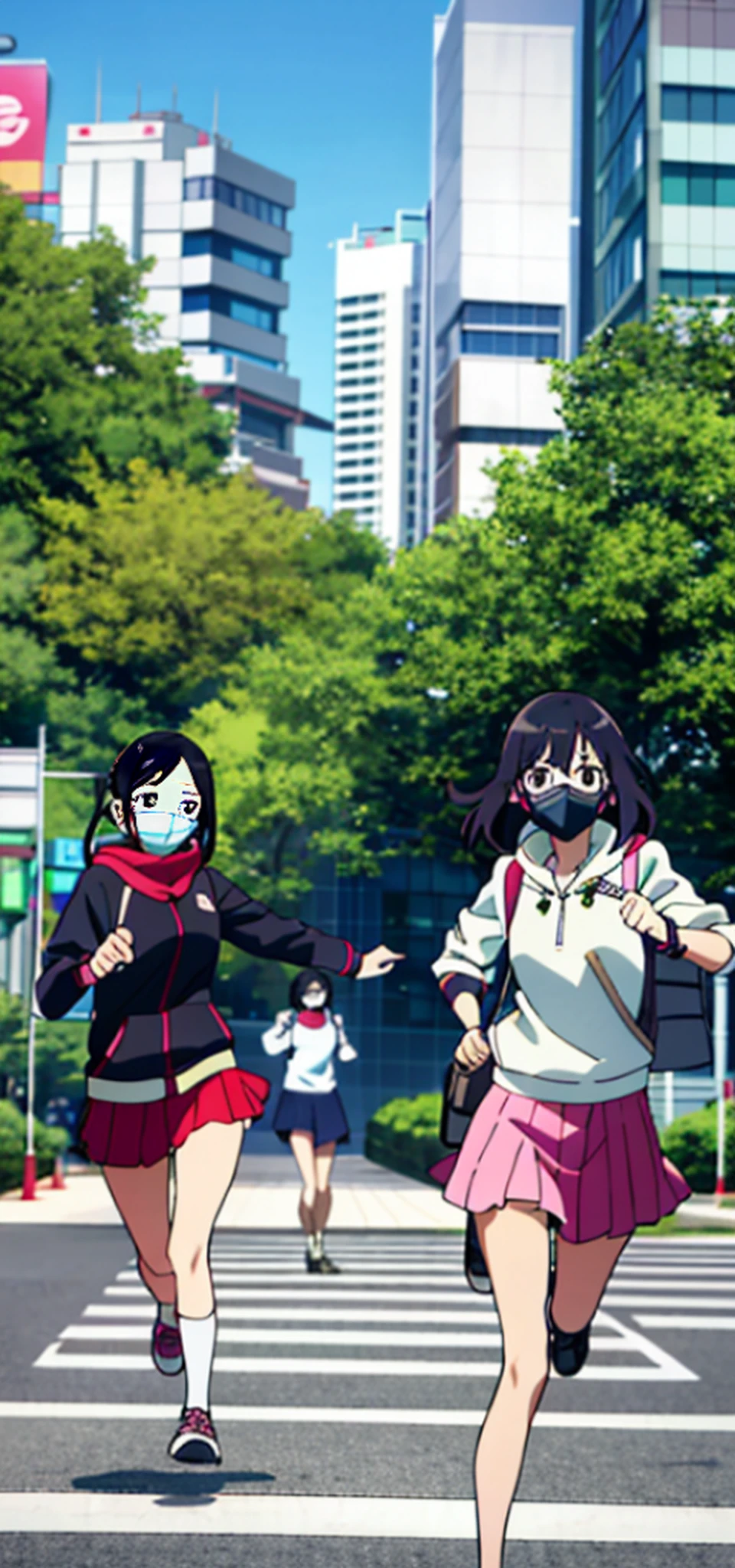 There are 2 pictures of women running on the street, Sakimi-chan, Chiho, Tokyo, Tsugumi Oba, wearing face masks, Nanae Kawahara, Sui Ishida, E-girl, e-girl, wearing face masks and sunglasses, wearing plant gas masks, photos from the audience, wearing masks