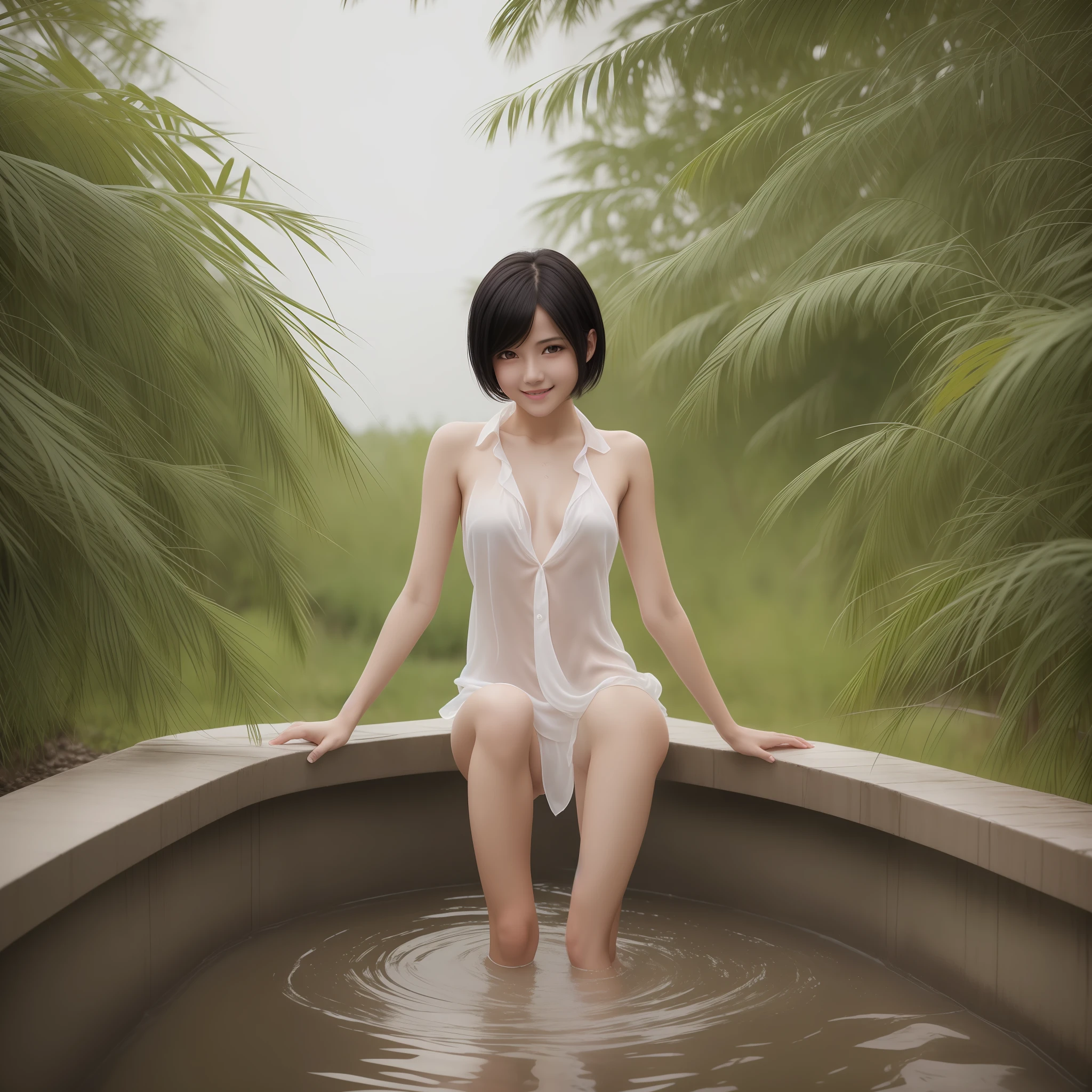 Naked beautiful girl, thin wet white silk blouse disheveled, seductive pose with open legs, full body, photo, glossy black hair, short hair, realistic, embarrassed, smile --auto --s2