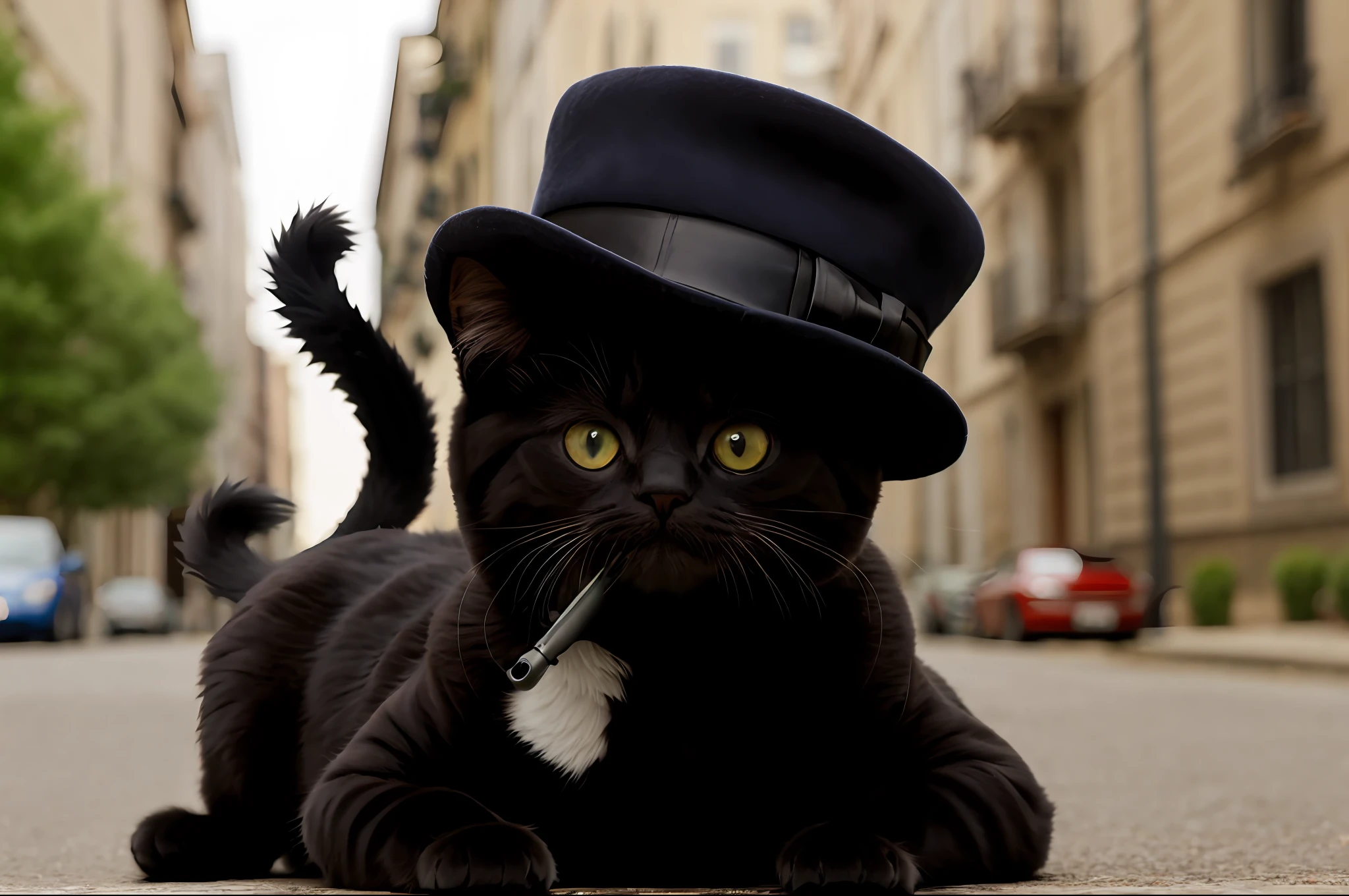 Mafia cat, holding gun, smiling, he's a killer