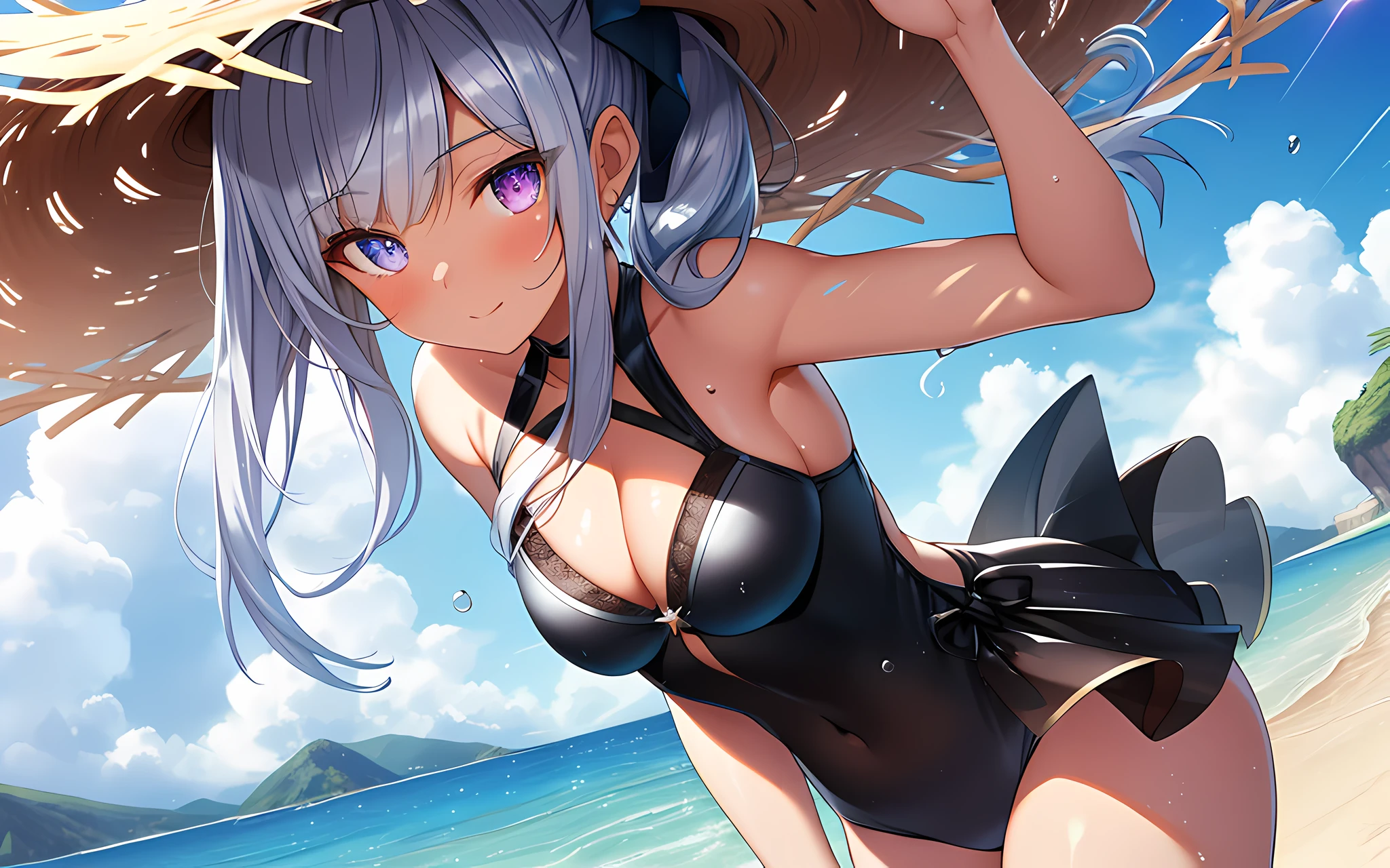 masterpiece, Top Quality, Photorealistic, Ultra detailed, Delicate, Orderly, High Detail, (Cute), Beautiful, Majestic, Glossy, Glossy skin, Bluish-silver ponytail, (drooping iris heterochromatic iris:1.2), 15 years old, Girl with a kind smile, Shy girl, Slender,
Game CG, Dynamic Angle, Dutch Angle, Cowboy Shot, Blurred Background, Deep Shadow, (Glowing Eyes: 1.2), Ambient Occlusion, Ray Tracing Reflection, Shine, Sparkling Hair, Sea, Sand, Cute Swimsuit, Straw Hat, Wind, Blue Sky, Wet, Small Breasts