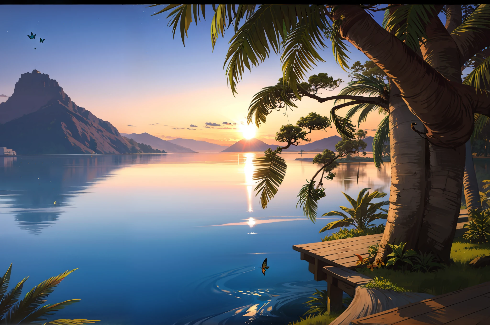 nature, outdoor, without humans, lake, palm, cloud, insect, butterfly, night, water, sun, sky, tropical, sunset, tree, landscape, a beautiful woman