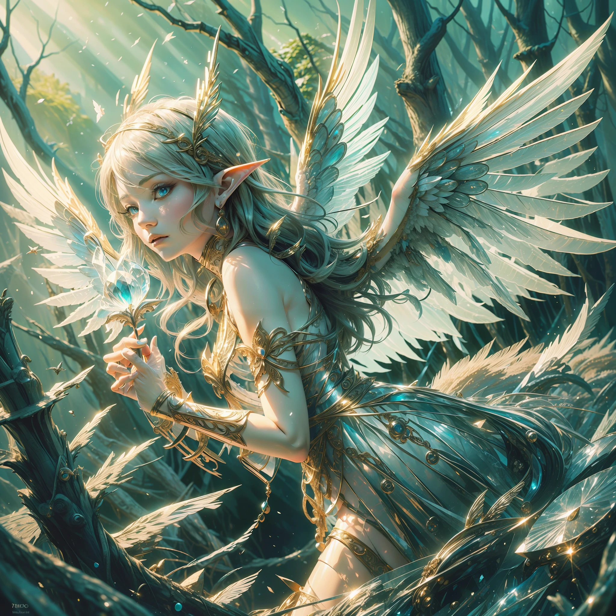 (Exquisite art style: 1.2 + bright colors: 1.2), (HD (8K) wallpaper + ultra-high precision: 1.2), When you think of "elf wings", you will imagine a flowing, elegant elf girl, flying in the air, surrounding the woods and wilderness. Her wings can be white, gold, or silver-gray, shining. She can wear dresses, short skirts or blue silk. Surrounded by trees, flowers and small animals, it is full of nature and magic. The theme "Wings of Elves" is good at depicting brightly colored and detailed dreamy pictures, which lead people's imaginations infinitely to the world of freedom and fantasy.