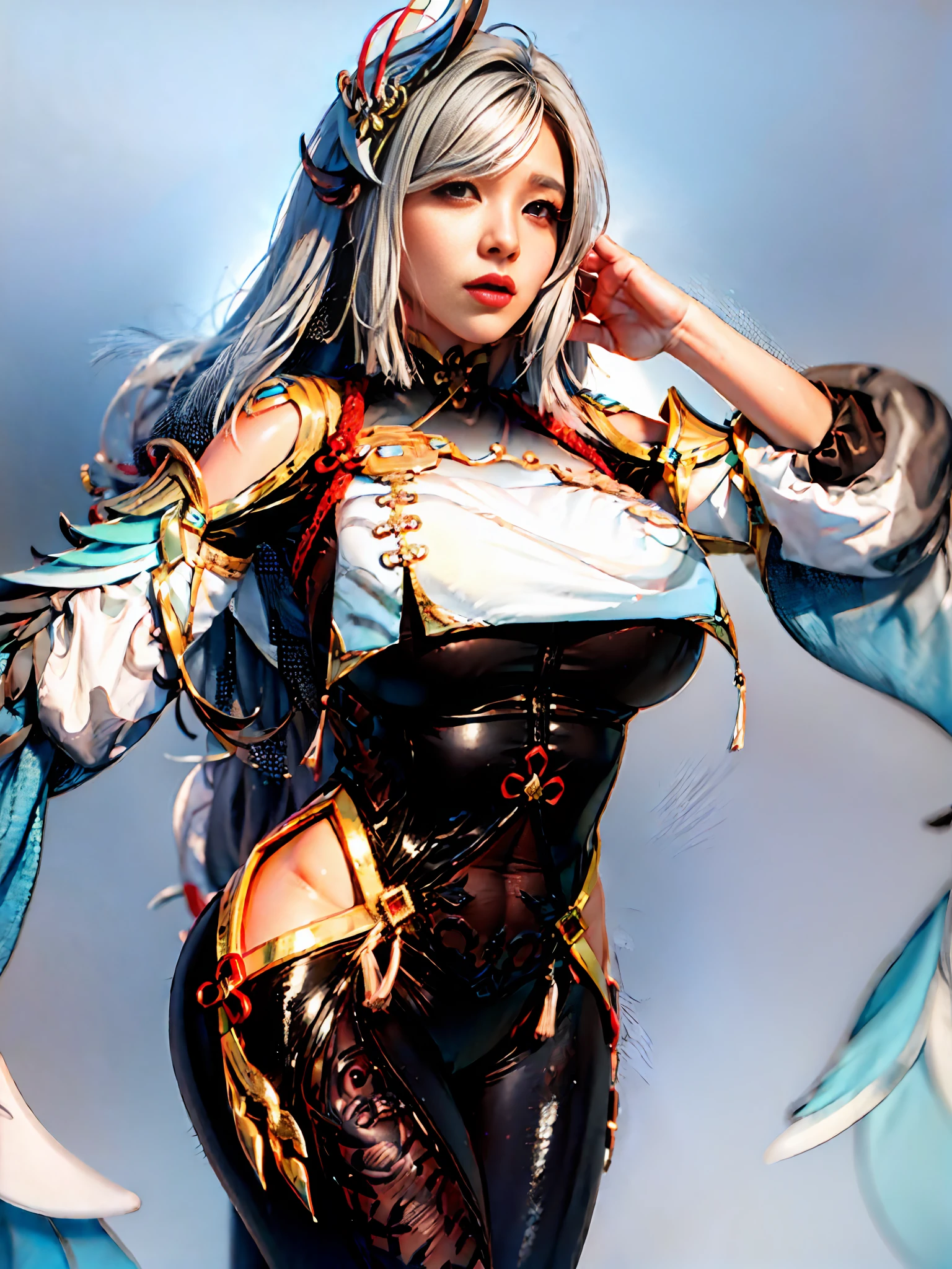Unreal Engine 5 Realistic Rendering, (8k, RAW photo, best quality, masterpiece:1.2), ulra high res, (photorealistic:1.4), 1girl,thighhighs, (Kpop idol),(aegyo sal:1),((puffy eyes)), silver eyes, looking at viewer,(realistic, photo-realistic:1.37),1girl, (cool face:0.6), professional lighting, photon mapping, radiosity, physically-based rendering,shiny hair, long hair,hair_ornament,hair_between_eyes, long_hair, (silver_hair:1.2),bangs, genshin impact, shenhe \(genshin impact\), Shenhe \(genshin impact\), grass field, mountains background, Shenhe, (half body shot: 1.5), standing, (long spear in hand: 1.5), snow flakes effect, white sparkling effect, beautiful face, top body is hyper realistic thicc muscle and hyper largest_breasts!! with the type of boobs_melons, lower is huge buttocks, wet shiny body
