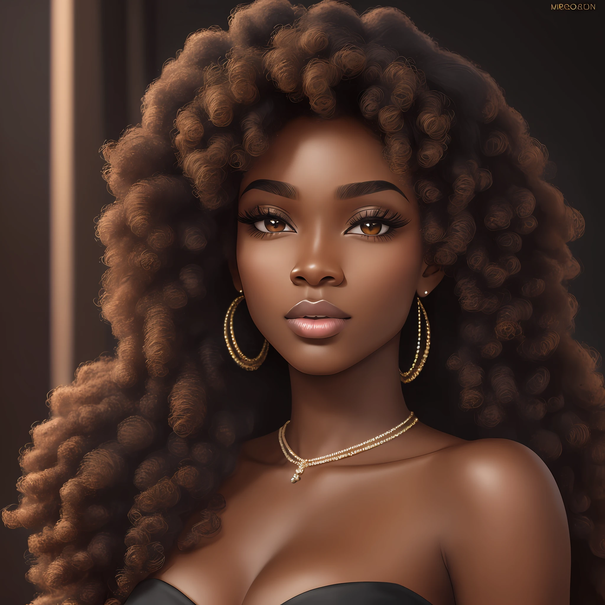 Best quality, realistic, best definition, ultra definition, ultra realistic,beautiful, black woman, 20 years old, black skin, black curly hair, voluminous hair, shoulder-length hair, curls, springs, beautiful face, round eyes, long eyelashes, well drawn mouth, not too big nose, straight nose, rounded face, prominent cheekbones. --auto --s2