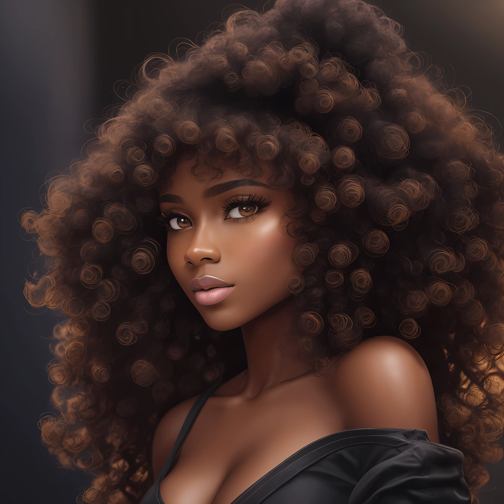 Best quality, realistic, best definition, ultra definition, ultra realistic,beautiful, black woman, 20 years old, black skin, black curly hair, voluminous hair, shoulder-length hair, curls, springs, beautiful face, round eyes, long eyelashes, well drawn mouth, not too big nose, straight nose, rounded face, prominent cheekbones. --auto --s2