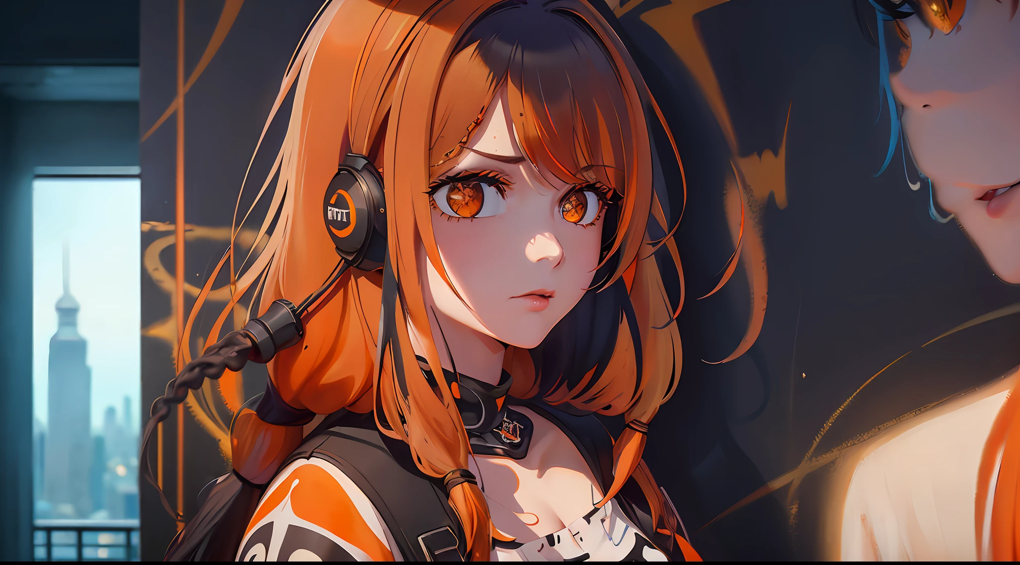 Create a woman who fills the whole picture. Extravagant anime pose. Use visual references and constantly check to ensure accuracy and symmetry in creating the image of the human body, create perfect hands and iris, without anomalies, (Masterpiece: 1.2), best quality, (illustration: 1.2), (ultra-detailed), eye focus, (masterfully crafted brightness, (cinematic background), hyper details, (delicate detailed), (intricate details) hdr, (hyperdetailed: 1.15), (color))), (soft light: 1.2), (lynx ears:  1.3) , (lynx girl), (cat tail: 1.5), beautiful girl, mature, fat, thick, rainbow paint drops, ink teardrops, woman made of paint, entirely ink, (bright eyes: 1.2), ((makeup)), (cinematic masterpiece), fierce, powerful, absolutely attractive color splashes, (cinematic lighthouse), (realistic jumping lighting: 1.2), ((caustic)), dynamic angle, beautiful detailed brightness, ambient occlusion, ambient light,  raytraced reflections, (better lighting, an extremely delicate and beautiful light), ((cinematic light)), (soft: 2), (capricious:2) , intricate background, vibrant, dreamlike landscape, (graffiti painting:1.3), (painted cityscape), (urban),(realistic urban fashion), (expressive:1.2), (mirrored world), (long black hair, fluid:1.1), wavy hair, voluminous, messy, (light orange hair highlights), bright headphones, beanie, (graphite wall),  unfinished graffiti, ghetto, black hood, (back wall present), (colored mist), buckles, belts, straps, a girl in front of a graffiti wall, (various orange drawings) cyberpunk art, (by LAM), Mika Pikazo, graffiti, techwear jacket, black gloves, with buckle and duct tape, (orange hair:2)