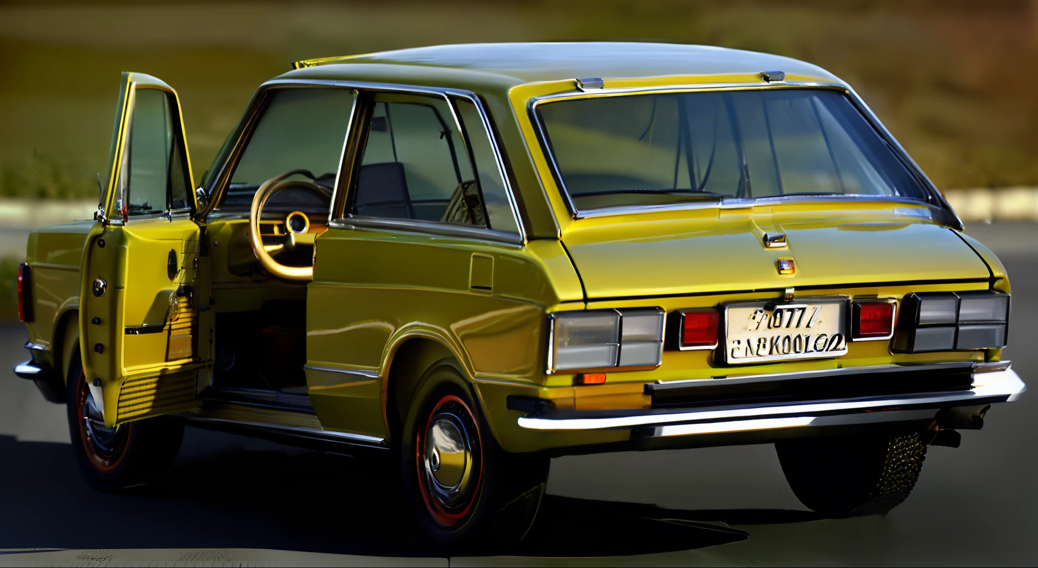 photograph, ((photograph)), ((photorealistic)), detailed, 8k, ultradetailed, ((intricate)), car, 1970s, with a door open and a driver's seat, vehicle photography, beige color, vehicle design, full view of a car, car design, rear-shot, italian, retro line art, 1985, fiat