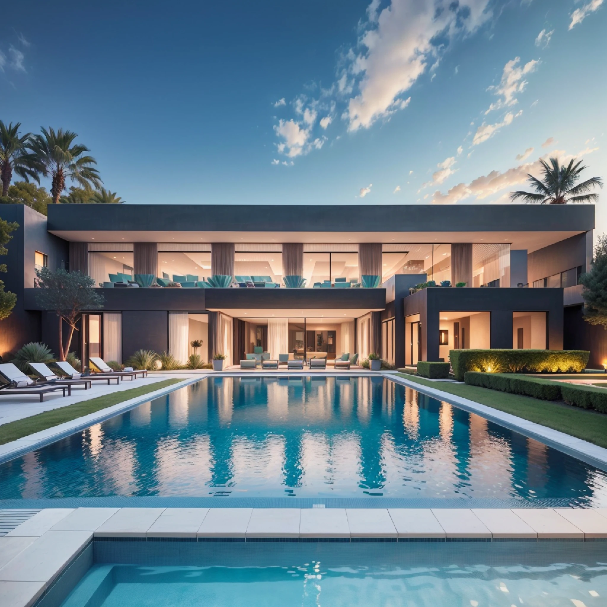 View of a large swimming pool surrounded by a large lawn garden, at the bottom away from the pool a large building with 15 floors very long, wide, glazed façade with black frames and green glasses, luxury hotel type, building with organic architecture, a contemporary masterpiece, well-designed masterpiece, large modern hotel, neo-classic, neo-classical, neo-classic style,  ultra modern, exterior photography, award-winning, award-winning - architecture, luxury architecture, detailed masterpiece, modern design, award-winning masterpiece, contemporary architecture, exquisite architecture, luxurious, wooden slats, sun loungers around the pool, planters with lavender, olive trees and small palm trees,