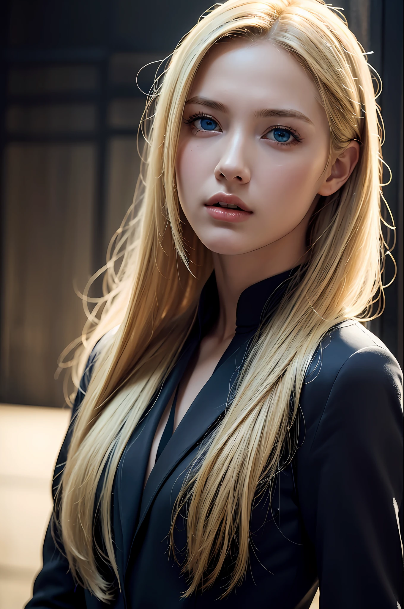 Best quality, masterpiece, ultra high res, (photorealistic:1.4), raw photo, 1girl, blonde hair, blue eyes, detailed eyes and face, black suit, dynamic lighting, in the dark, deep shadow, low key, cowboy shot full-lenght body