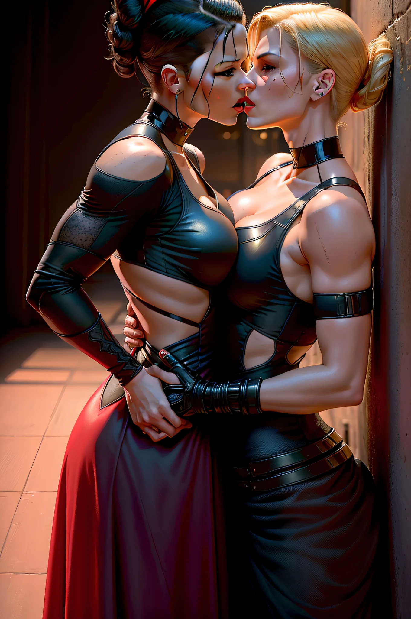 Cassie Cage and Jacqui Briggs, red girls, scale, (light eyes), long dress, flat breasts, , , kiss, yuri, looking at each other, hug, passionate, touching, tongue, open mouth