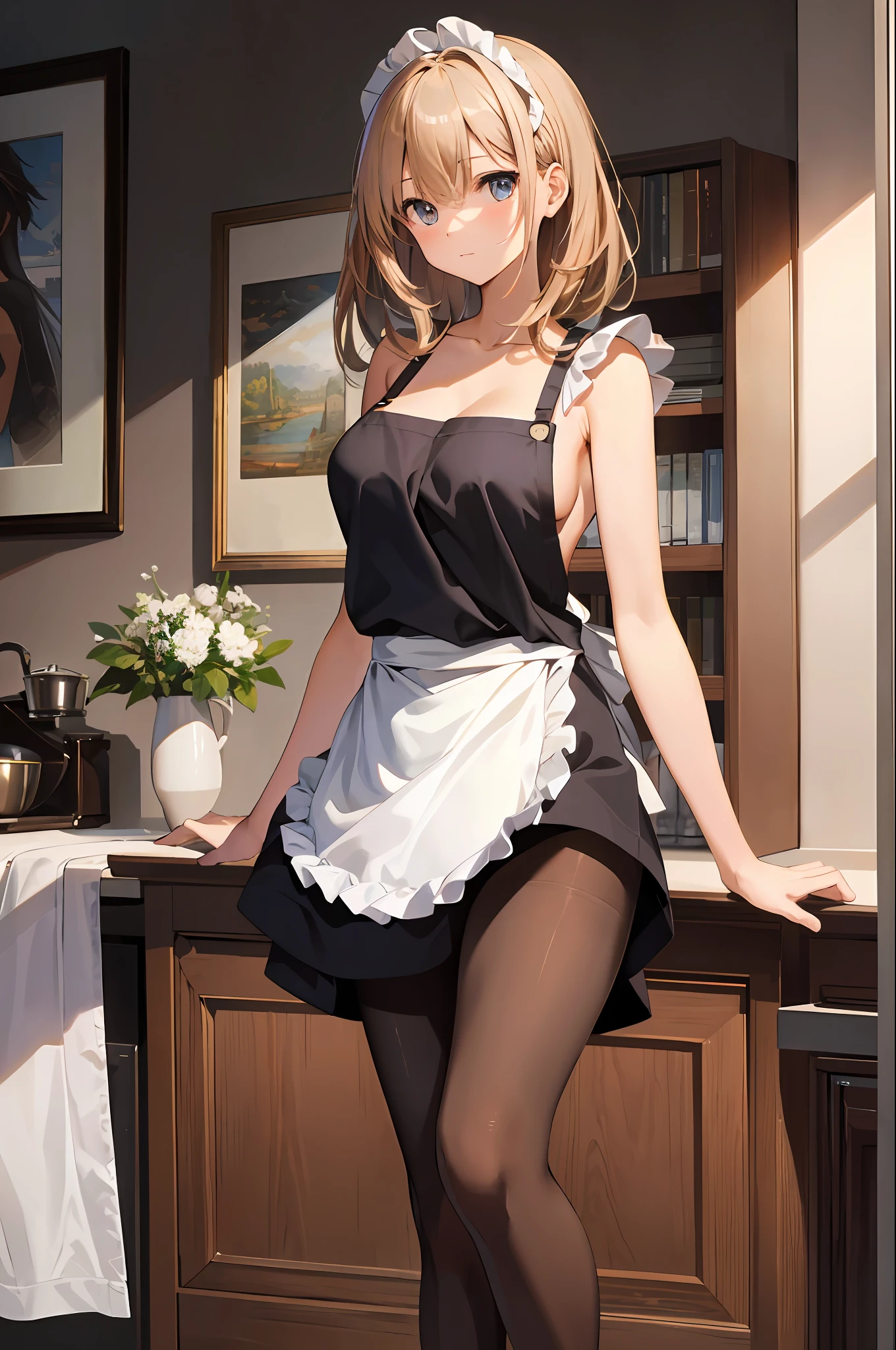 masterpiece, best quality, finely detailed, high resolution, extremely delicate and beautiful, (Nude apron), (breasts), (pantyhose)