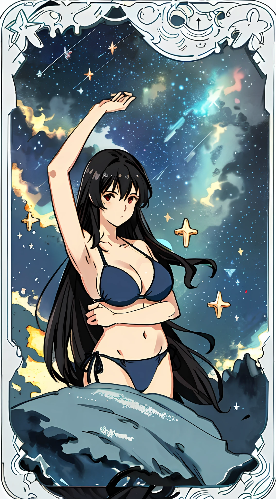 (Pastel Color Palet), (Close up above the hips), ((Stretching both arms above herself)), ((dark midnight blue bikini, big breast)), (((masterpiece))),((((best quality))), illustration, 1 girl, Long flowing hair, Black hair, red eyes, environment change scene, Posing, Female, Starry sky, Charturnbetalora, (simple background, night beach scenery background: 1.3), --6