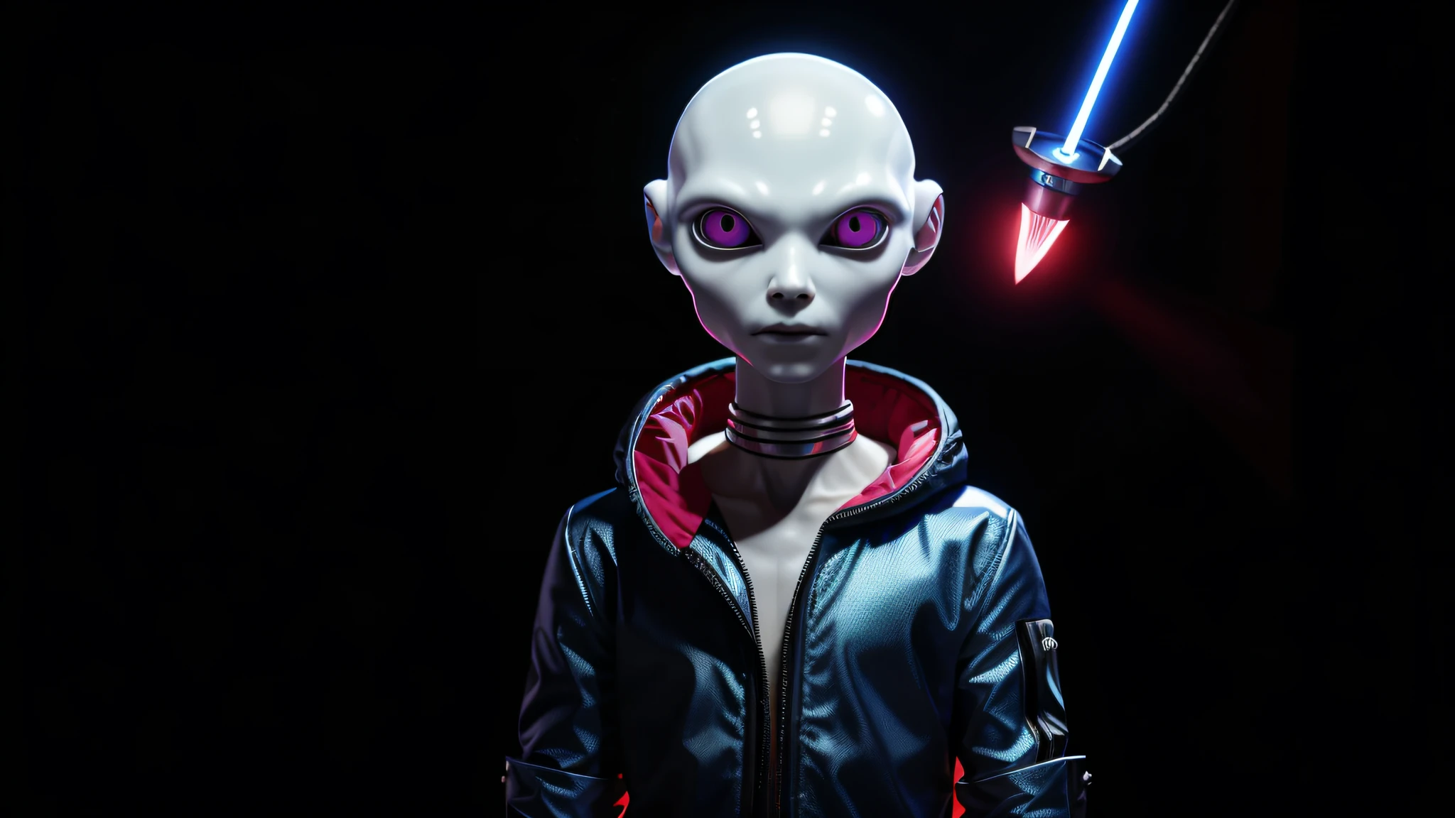 An alien, with albino and realistic skin, large head, short and thin neck, very large eyes and all black, which reflects the local lighting, a nose similar to that of humans but small, a mouth similar to that of humans but small, the body is thin and thin, the alien wears a white sleeve shirt with a letter made of small silver that appears to the right represented within a triangle of the same size, the clothing is inspired by the clothes used for surfing, the color to be used is red, pink chock and blue, as well as details of the environment, and manufactured with neoprene fabric, it is possible to notice a silver necklace hanging from his neck, with a pinjente in the triangular shape with an eye that sees everything in the center as a symbol. the alien is in a recording studio whose scenery is minimalist and features a gray background in gradient hue to circular white, the camera captures the image from the waist up, the alien presents friendly and light expressions, the alien interact with the camera always with a slight smile of satisfaction and tranquility, The skin used and all the elements are of extreme realism, especially the skins, the lighting is an illumination inspired by the 80s.