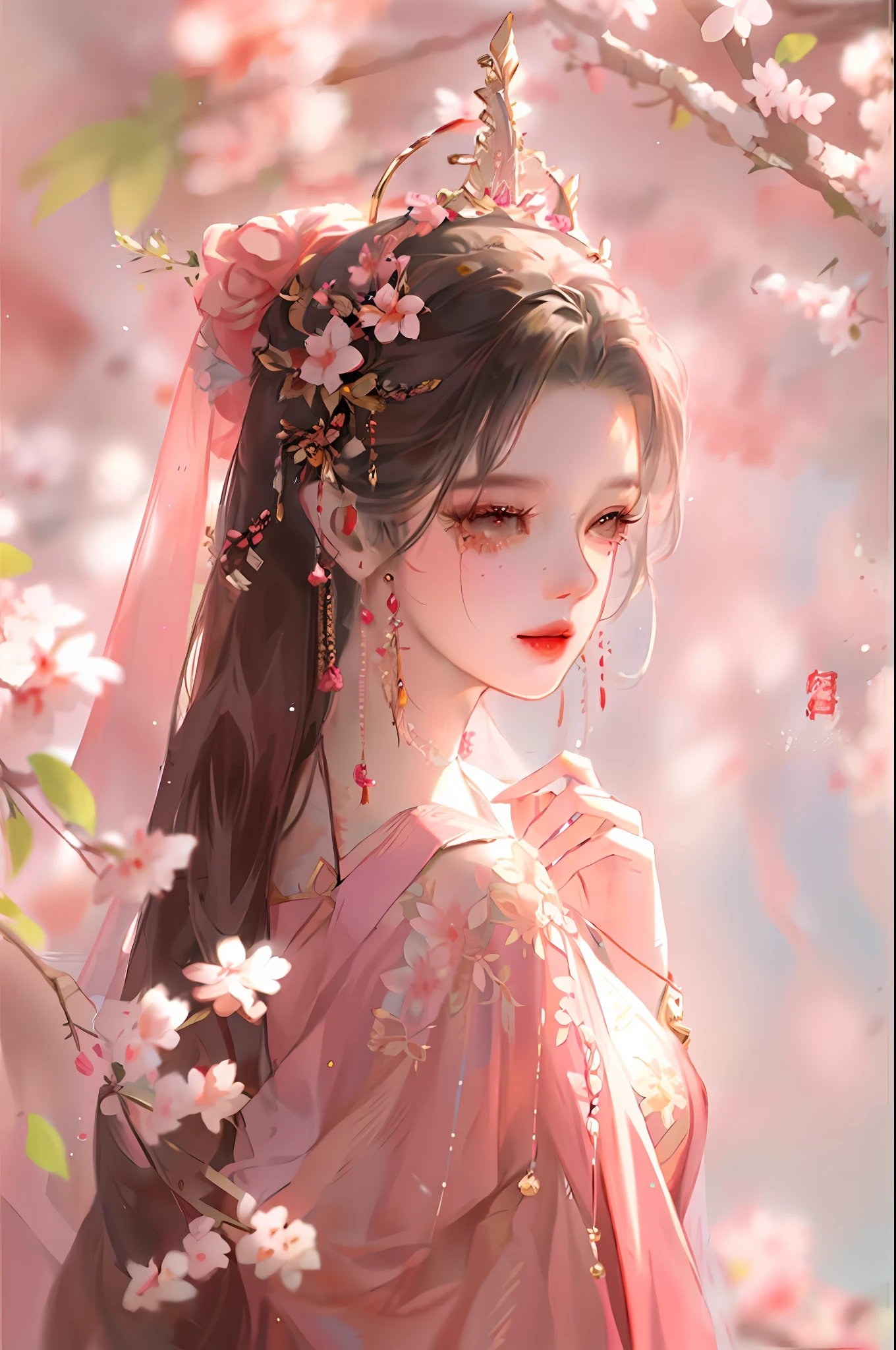 a woman in a pink dress with a pink flower in her hair, palace , a girl in hanfu, 🌺 cgsociety, beautiful character painting, a beautiful artwork illustration, beautiful digital illustration, by Li Fangying, artwork in the style of guweiz, beautiful digital artwork, by Yang J, by Leng Mei, by Li Song, beautiful anime portrait --auto --s2