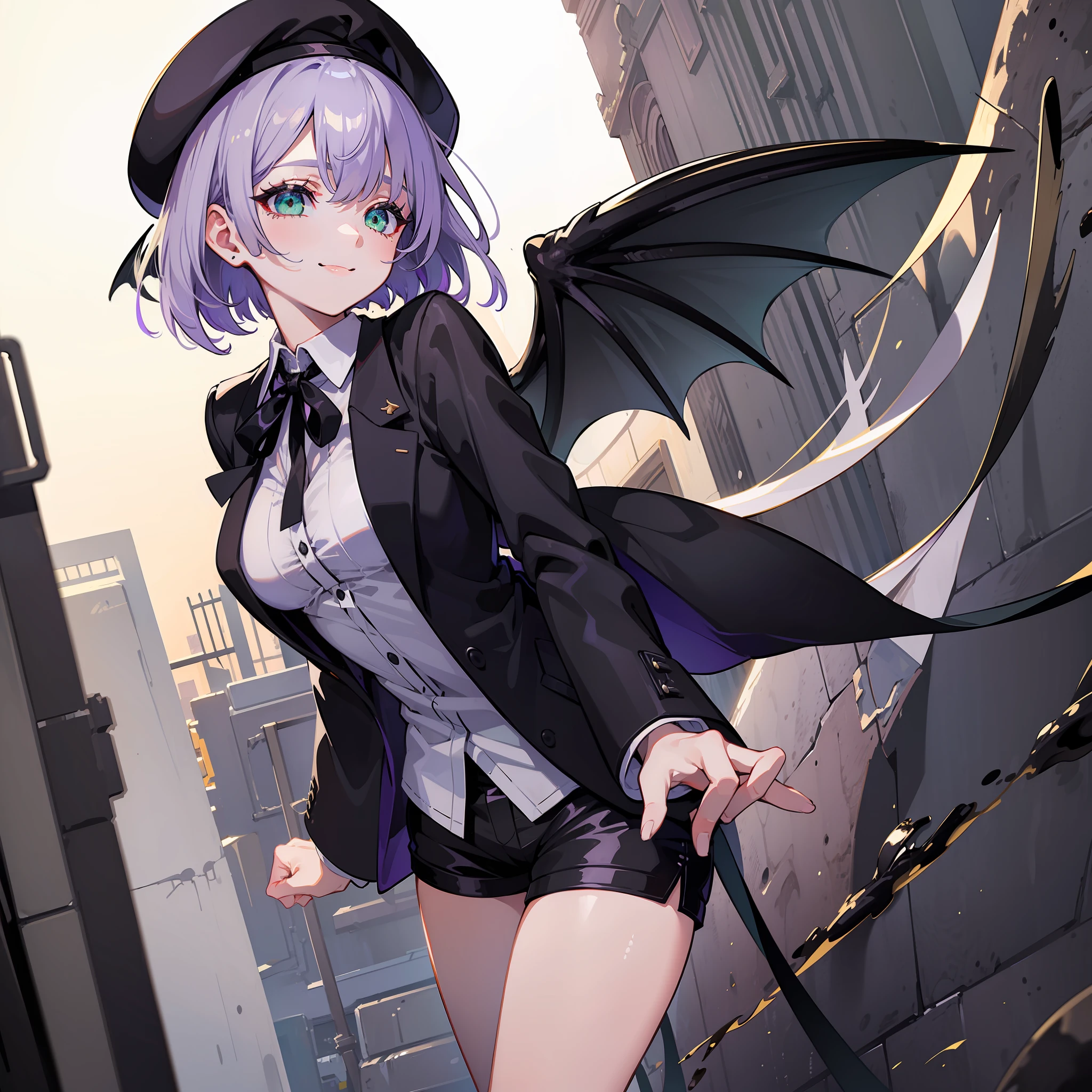 ((Masterpiece, Best Quality)), 1 woman, lavender hair, green eyes, black jacket, black wings, white shirt, black ribbon around neck, bob hair, solo, low angle, shorts, outdoor, alley, one, smile, teardrop under left eye, black beret, black dragon wings, short cut