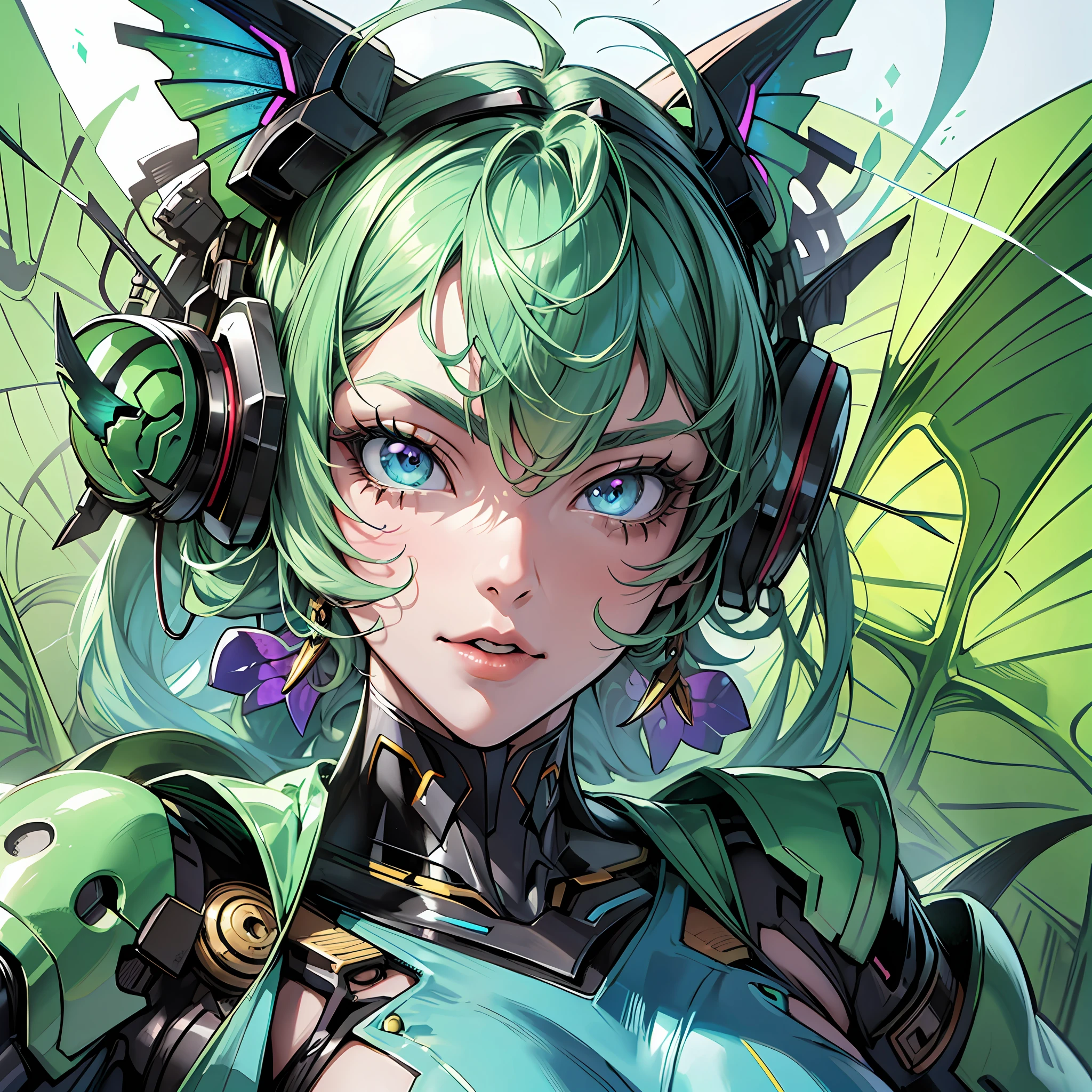 Close up portrait of a woman in a Luna Moth colored costume, best anime 4K wallpapers, cyberpunk Luna Moth, mechanized Valkyrie Girl, biomechanical, highly detailed Artgerm based on Luna Moth, cyborg black Luna Moth, anime style 4K, Luna Moth