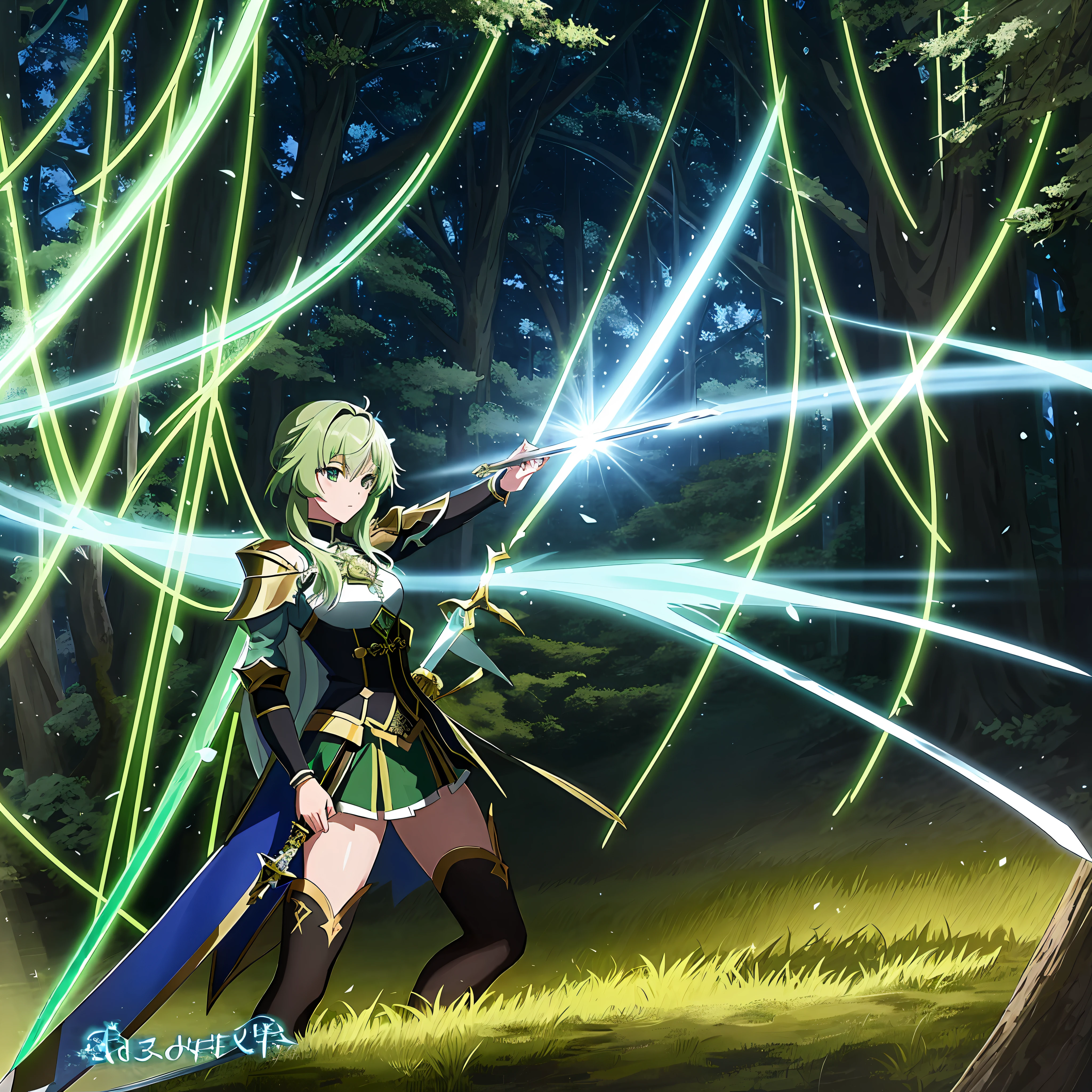 anime girl with sword in the woods with green light, ayaka genshin impact, hold sword in the forest, ayaka game genshin impact, wielding a magical sword, glowing green soul blade, popular isekai anime, artoria pendragon, rogue anime girl, she is holding a sword, practising her sword staces, anime key visual concept art of