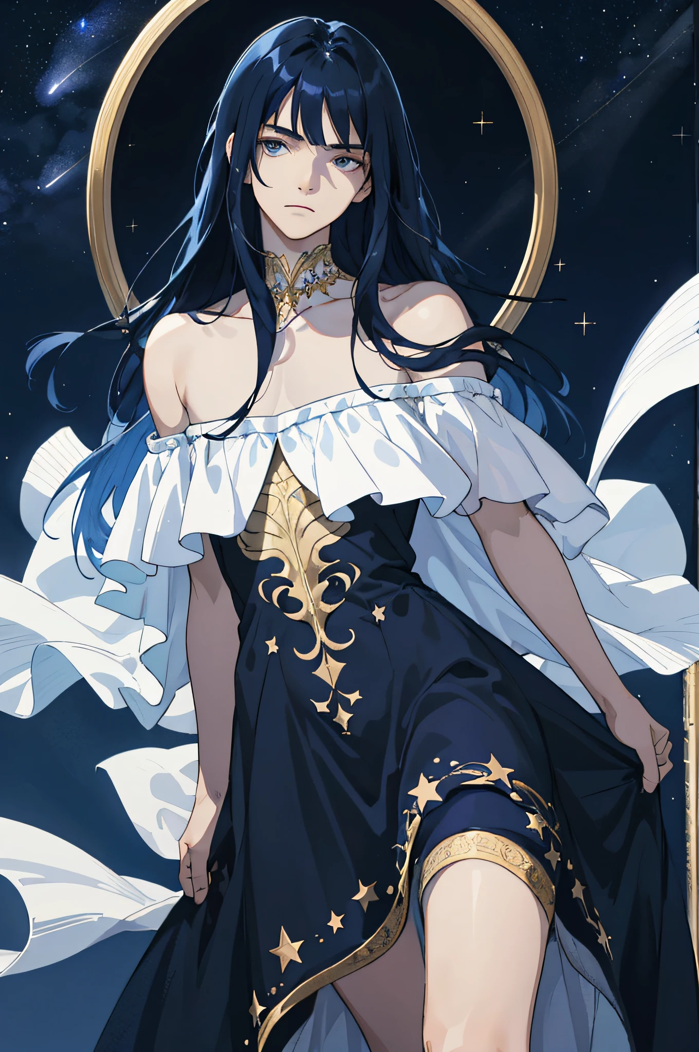 Masterpiece, best quality, teenager, male, long dark blue hair, straight hair, qi bangs, white skin, indifferent expression, intricate details, delicate princess dress, bare skin, bare shoulders, dark night, starry sky, stars, black, blue, gold, black background
