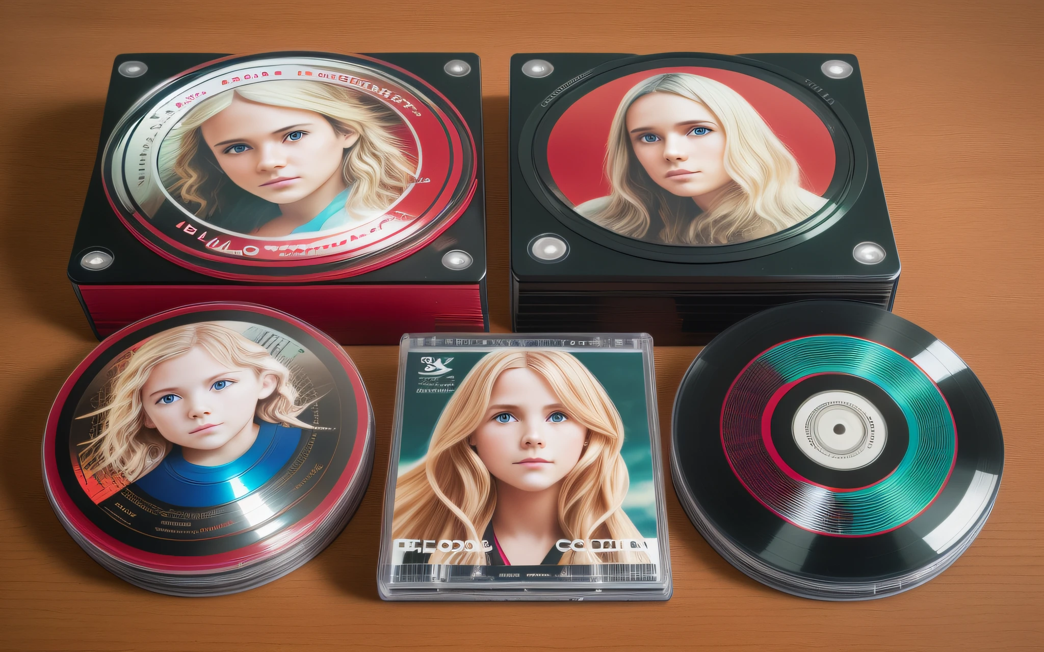 3 GIRLS BLONDE LONG HAIR CHILDREN IN RED LEATHER JACKET, A closeup of a CD and a CD box on a table, Packshot, CDs, CD Jacket, DVD Package, Medium Close Shot, Detailed Product Image, Medium Wide Shot, Medium Closeup, Close Medium Shot, New Boards of Canada album cover, soft vinyl, round format,  Boards of Canada album cover, BLU - Ray Transfer 5 K, Fujifilm"