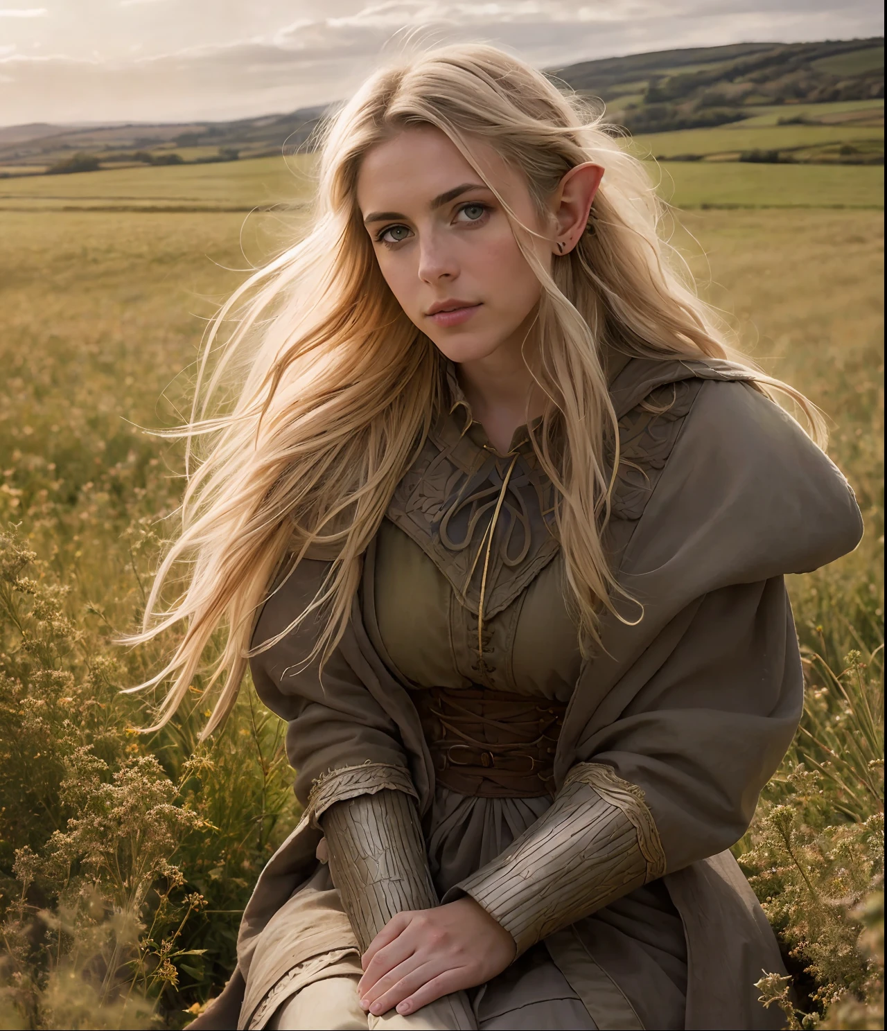 highly detailed fantasy photography A beautiful french Elven ((woman )) highly defined elven features big eyes , peroxide ((long blonde messy windswept hair)) flowers in hair, pointed ears, sitting in highly detailed rural french (meadow) setting ,wearing Medieval cloak and (furs, leathers, and roughly spun cloths, such as hemp or linen)., blush,, natural professional photography, Sony fx6 digital camera, atmospheric, highly detailed, UHD, both eyes the same, masterpiece, high resolution, ultra quality, 16K, skin pores, matte ,(arms reaching up) ,model pose ,Patrick Lichfield, rule of thirds, photography by David bailey. Hasselblad CFV II 50C digital camera ,4k ,sharp focus ,bright colour , Albedo map ,normal map ,specular map ,diffuse map ,light map ,noise map ,reflective map ,opacity map ,subsurface scattering ,light and shadow ,global illumination