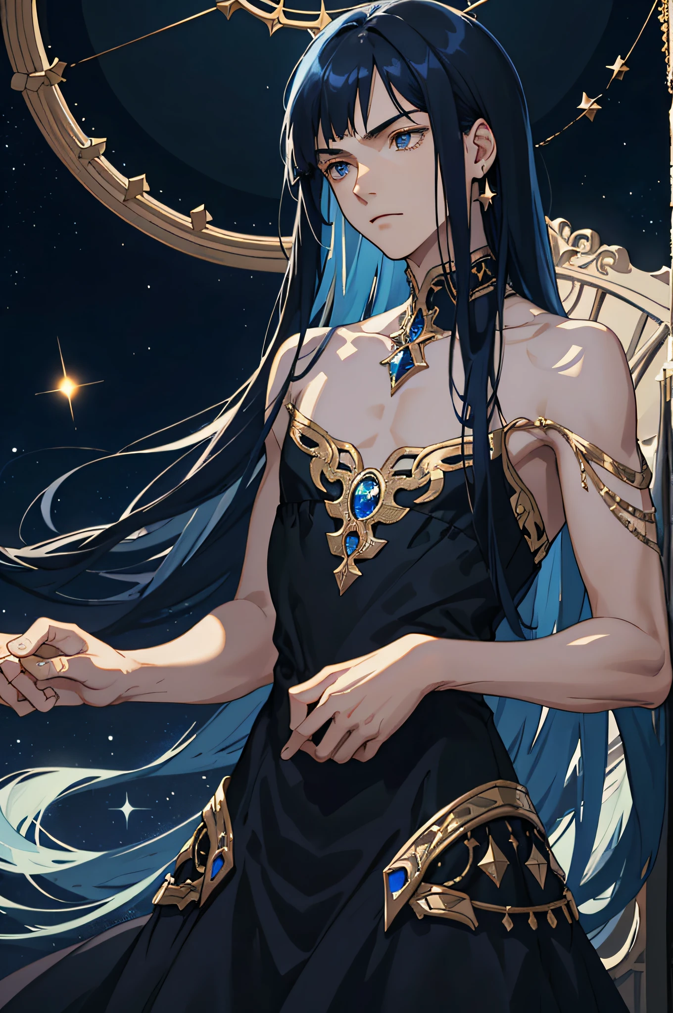 Masterpiece, best quality, teenager, male, long dark blue hair, straight hair, qi bangs, fair skin, indifferent expression, intricate details, delicate princess dress, bare skin, bare shoulders, dark night, starry sky, stars, black, blue, gold, black background