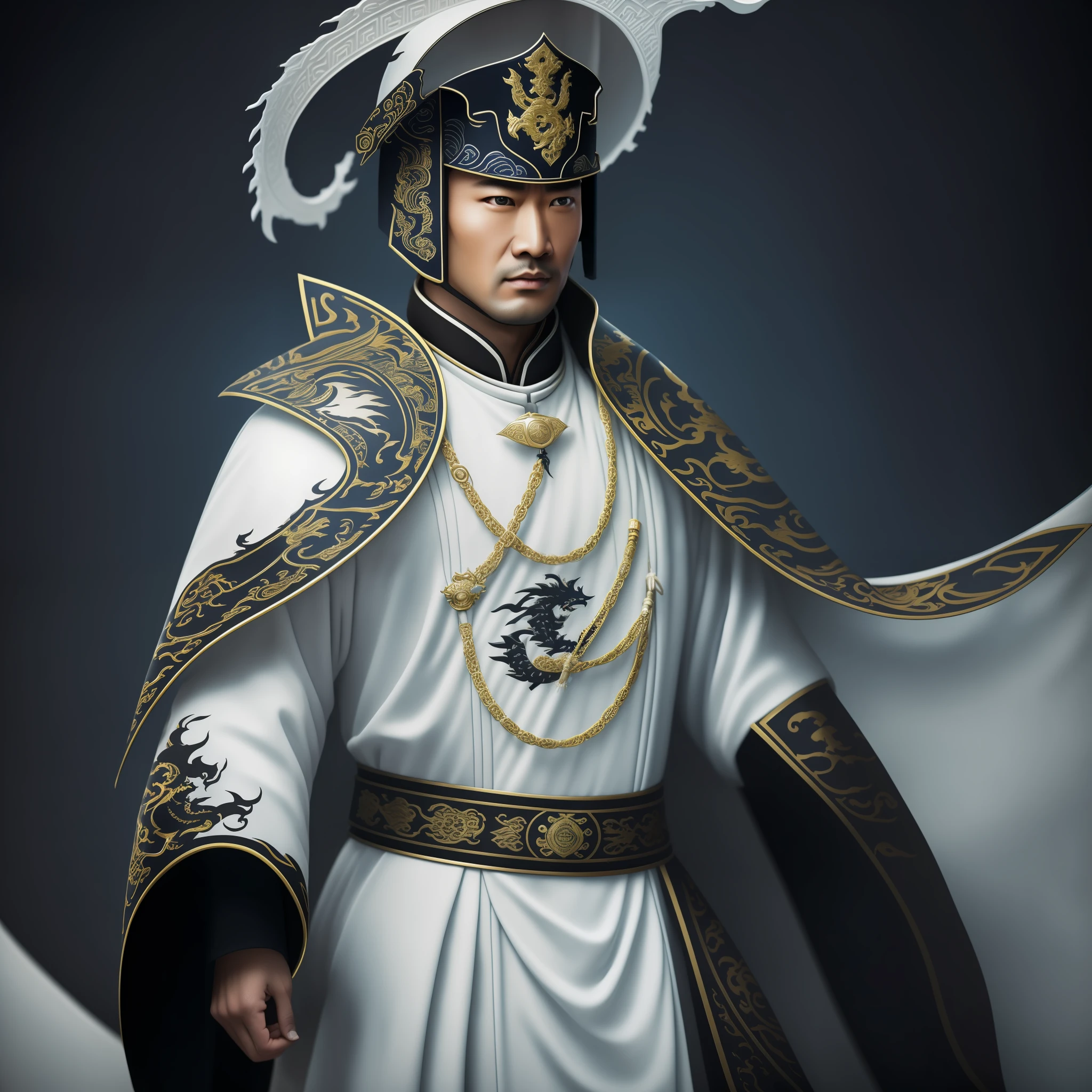 Zheng He, chinese sailor, white chinese imperial noble suit, black cape, black futou hat, looking forward confidently, blue chinese dragon behind him, best quality, (high detailed skin:1.2), epic, masterpiece, dark studio, 8k uhd, dslr, soft lighting, high quality, volumetric lighting, candid, Photograph, high resolution, 4k, 8k