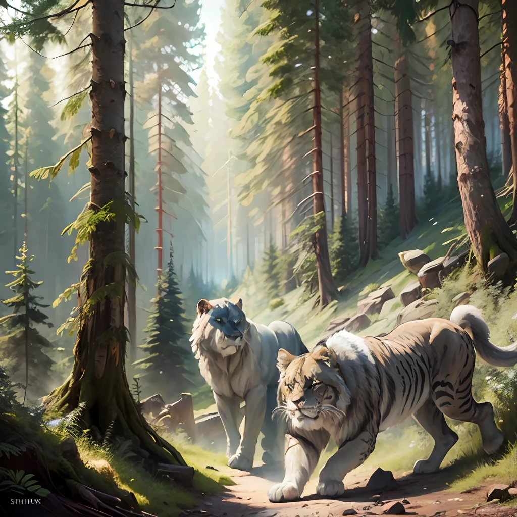 Pintura de Ivan Shishkin roaring lion; Retrowave in a creaky forest of other animals;pontilhismo --auto --s2