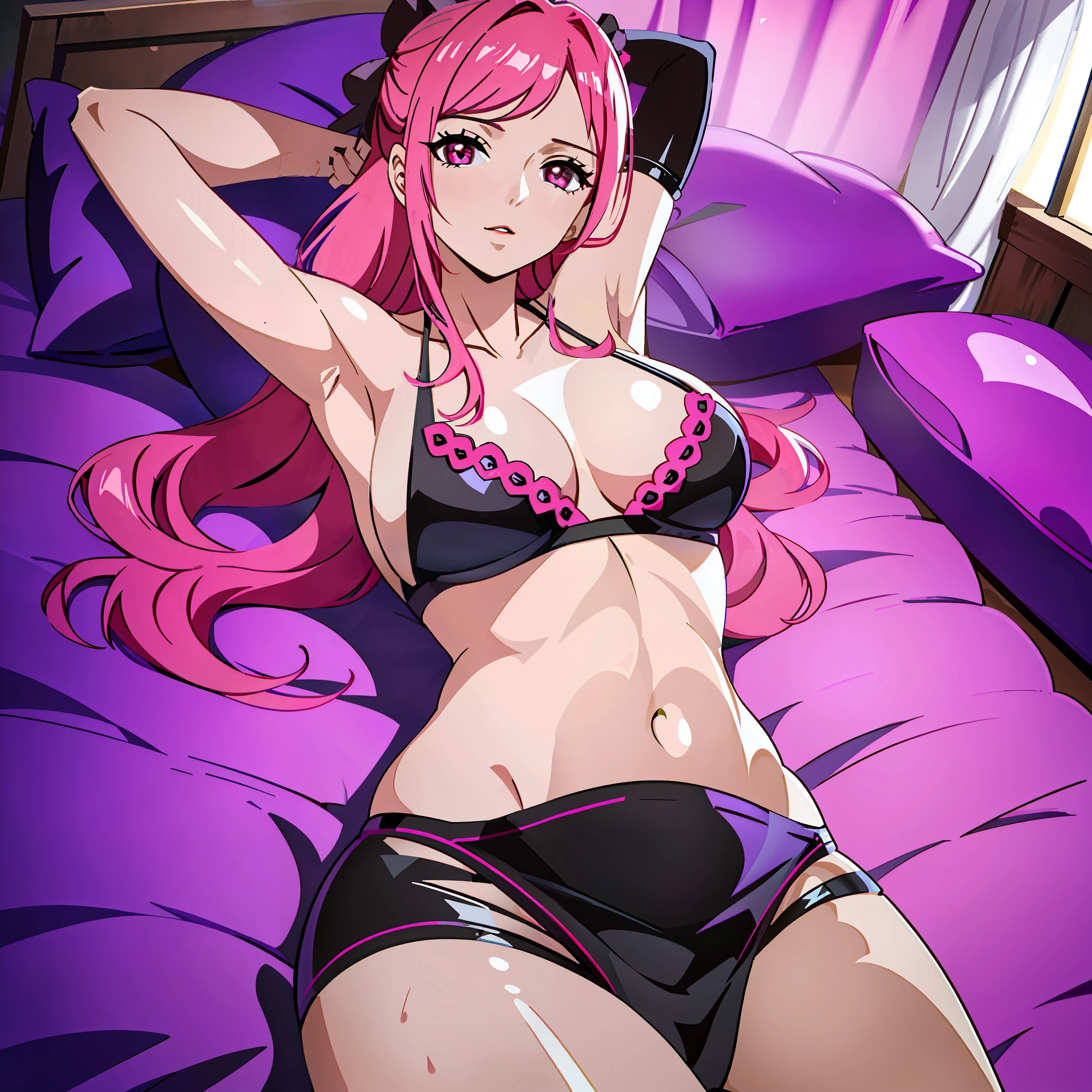 Seductive woman with long pink hair,large breasts and wide hips,wearing apemas bra and panties,lying on the bed on her back,big ass