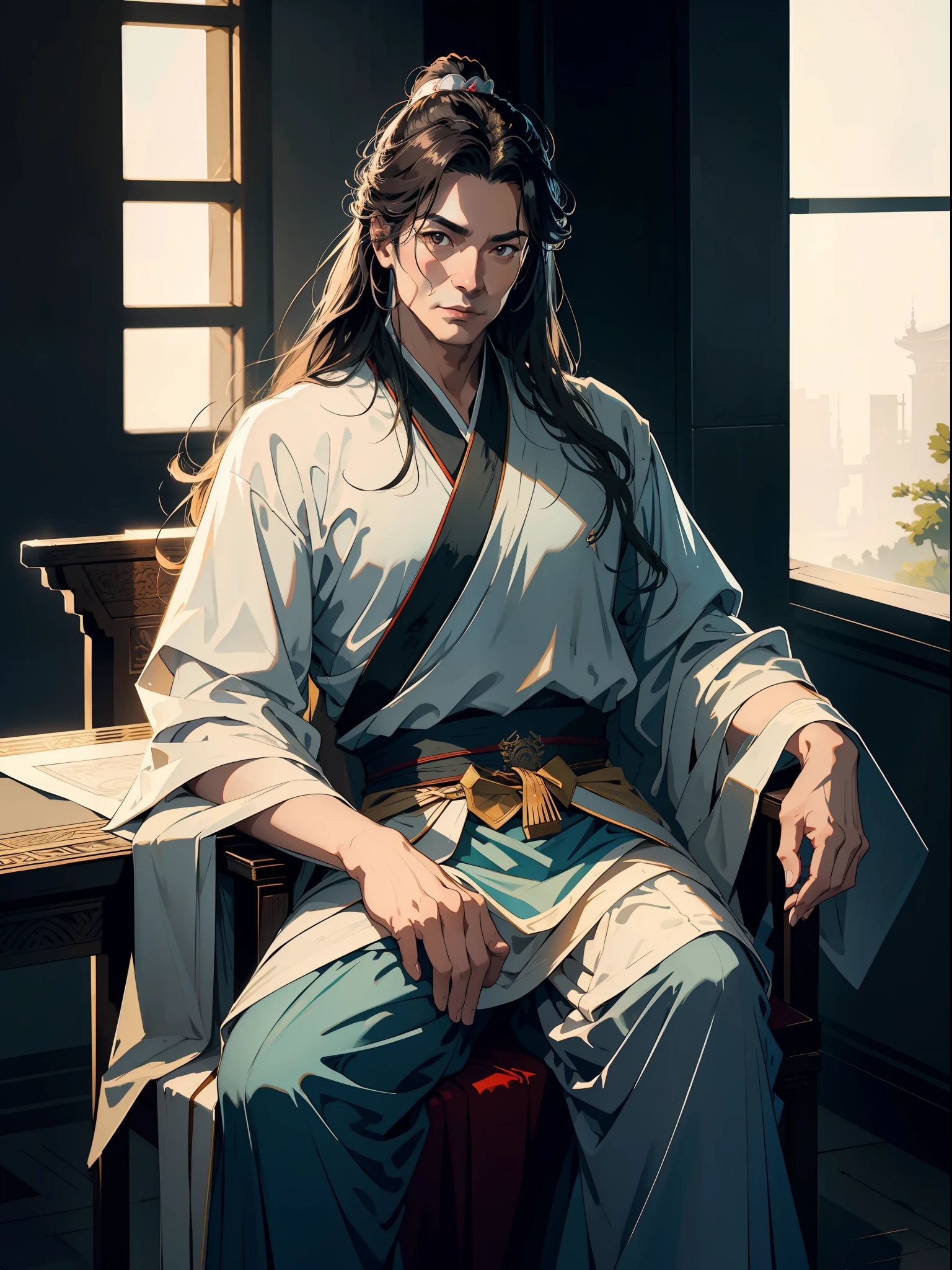A middle-aged man, sitting, long hair, ancient style, the background is the palace hall, exquisite CG quality, clear and detailed description, hearty shots, rich and exquisite local details, intoxicating light and shadow effects, beautiful and beautiful overall atmosphere