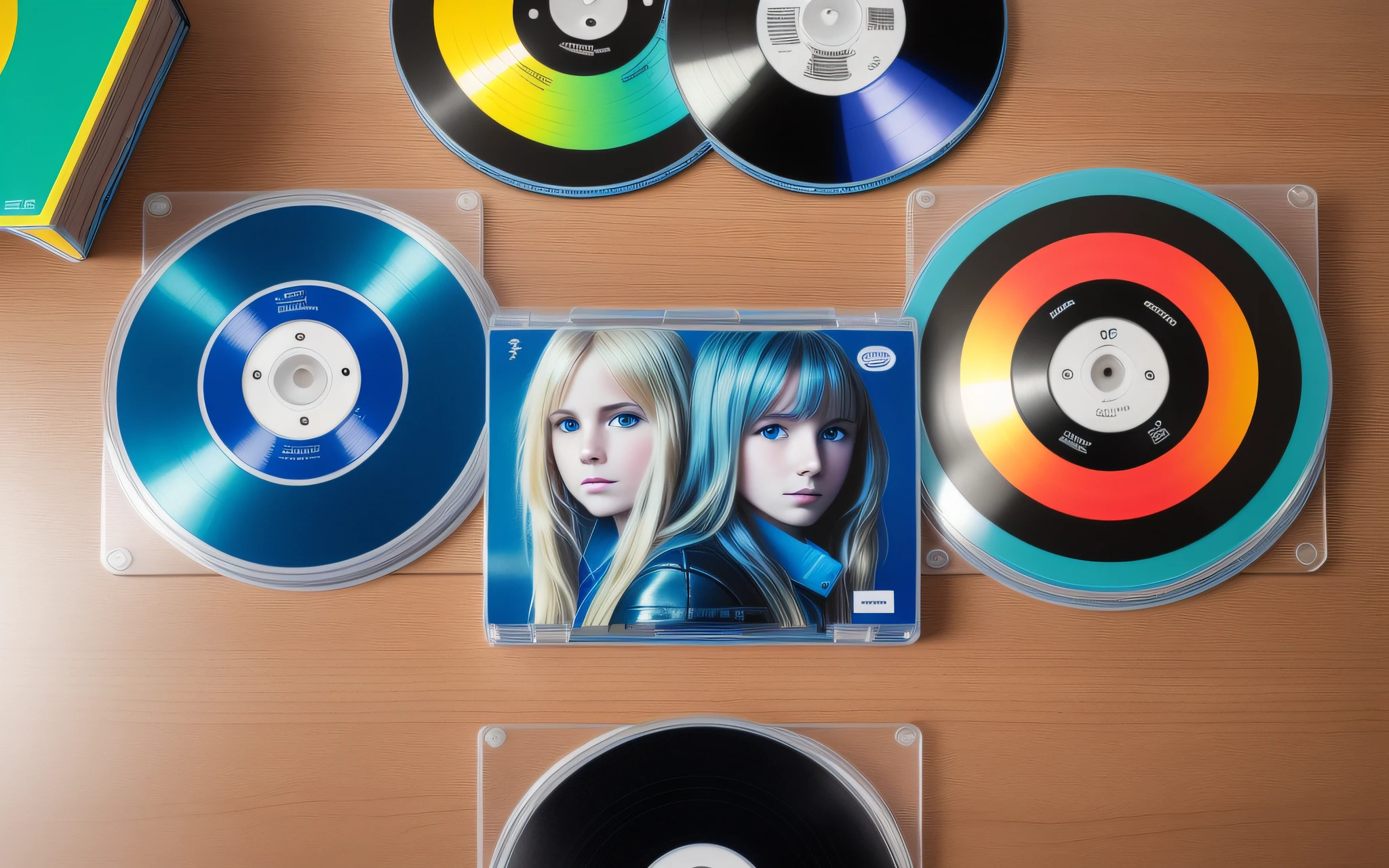 3 BLONDE GIRLS LONG HAIR CHILDREN IN BLUE LEATHER JACKET, A closeup of a CD and a CD box on a table, Packshot, CDs, CD Jacket, DVD Package, Medium Close Shot, Detailed Product Image, Medium Wide Shot, Medium Closeup, Close Medium Shot, New Boards of Canada album cover, soft vinyl, round format, Boards of Canada album cover, BLU - Ray Transfer 5 K, Fujifilm"