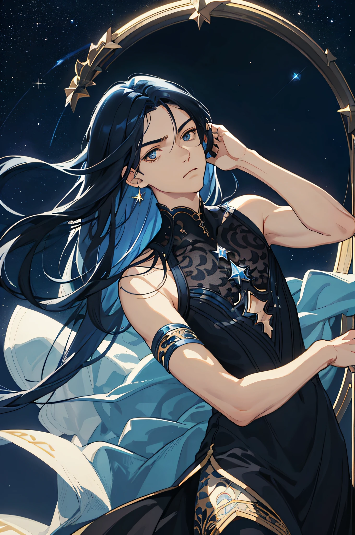 Masterpiece, best quality, teenager, male, long dark blue hair, straight hair, Qi bangs, delicate face, fair skin, indifferent expression, intricate details, delicate princess dress, bare skin, bare shoulders, night, starry sky, stars, black, blue, gold, black background