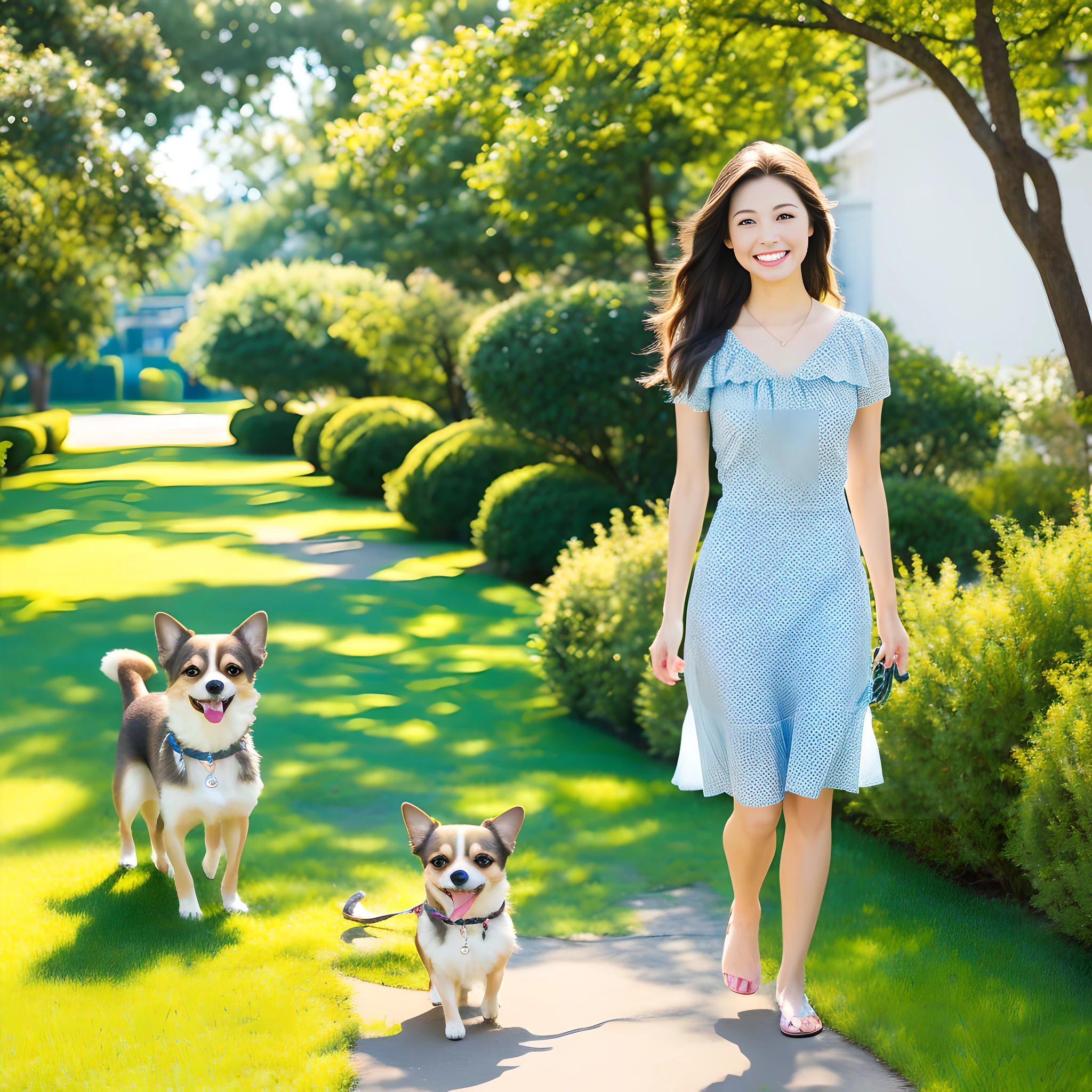 (masterpiece, high resolution, realistic, 8K:1.2), highly detailed texture
break
(1 girl, full body: 1.5), Japan people, very beautiful girl, , wide shot,
break
(Charleston dress: 1.2), black-haired, 
BREAK
medium-haired, angelic smile, A beautiful girl is walking with a small chihuahua on a leash
She is smiling with her mouth open, summer,
break
(Brown puppy long-coat Chihuahua: 1.2), very adorable face, beautiful appearance with well-defined body parts, small Chihuahua is happy to raise his paw towards the girl
break
 Beautiful park with natural light, vast lawn, sunshine, daytime, blue skyBREAK