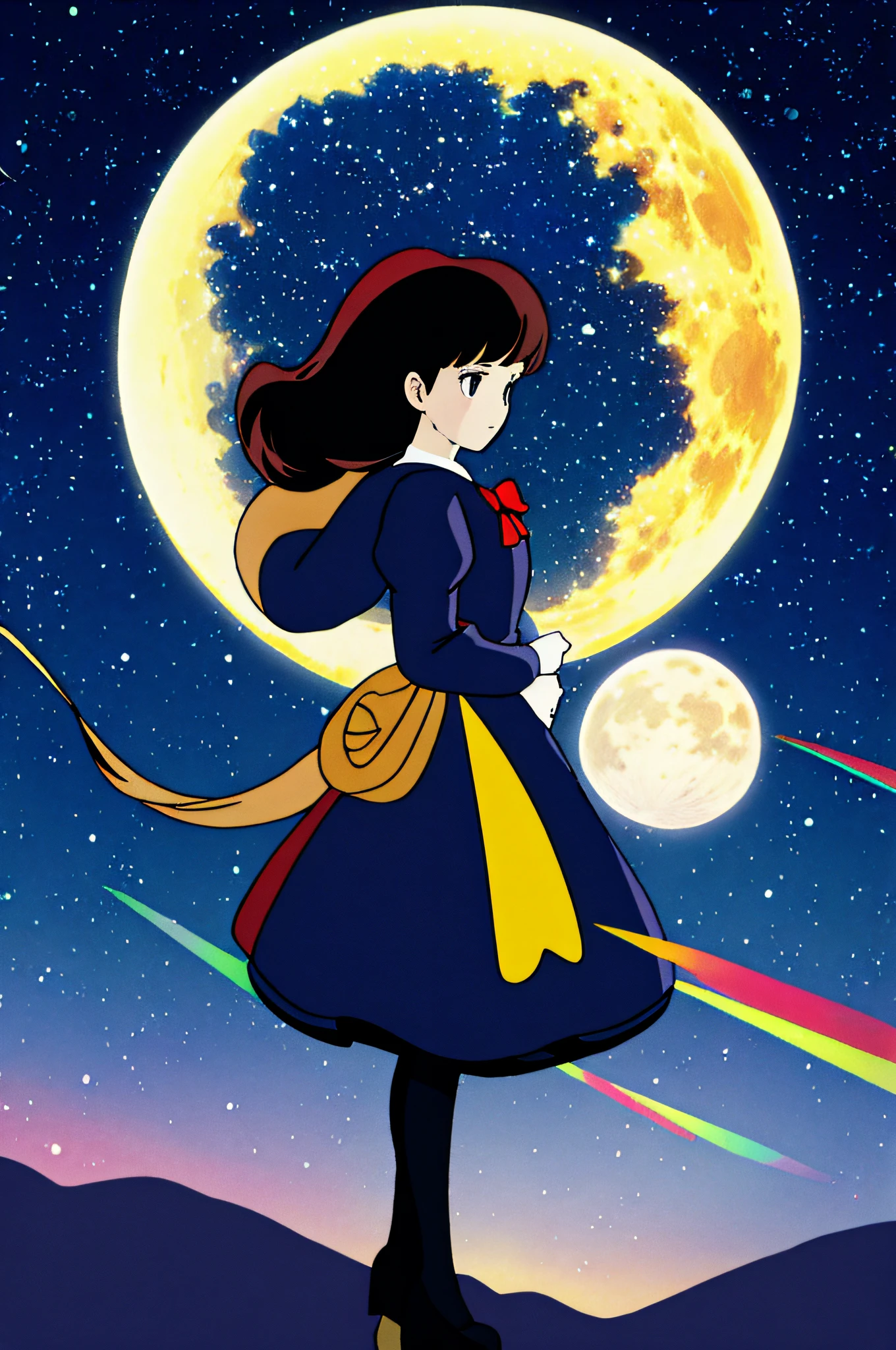 1girl, solo, long hair, dress, star \(symbol\), long sleeves,very long hair, black footwear, shoes, multicolored hair, puffy long sleeves, black hair, hands up, pantyhose, moon, white dress, starry sky print, mary janes, puffy sleeves, from side, crescent moon, blonde hair, crescent, floating hair, High Detail, Sharp focus, dramatic,
