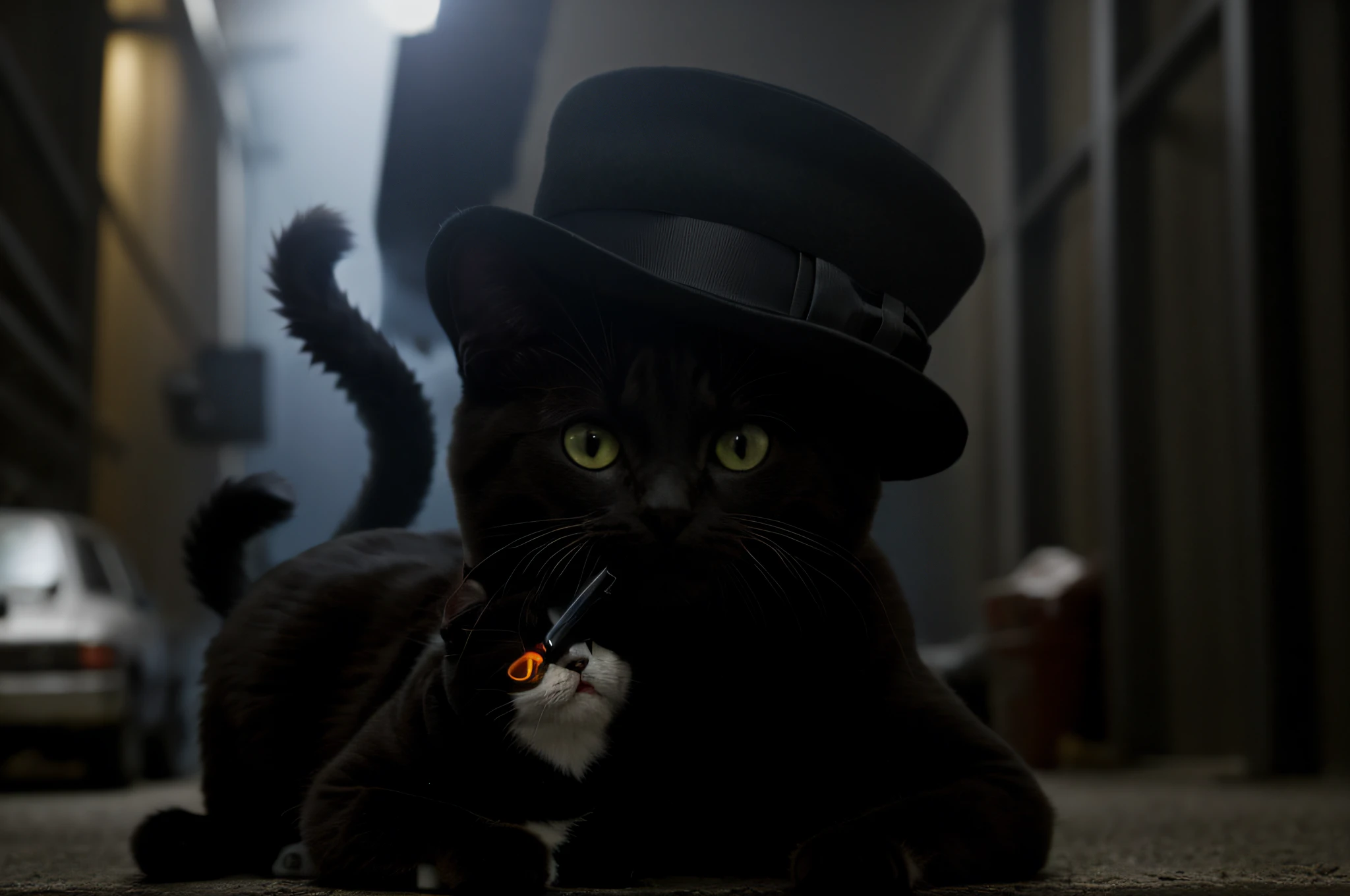 holding a gun, dark setting, in a dark environment, dangerous cat, gangster, mobster, murderer, mysterious