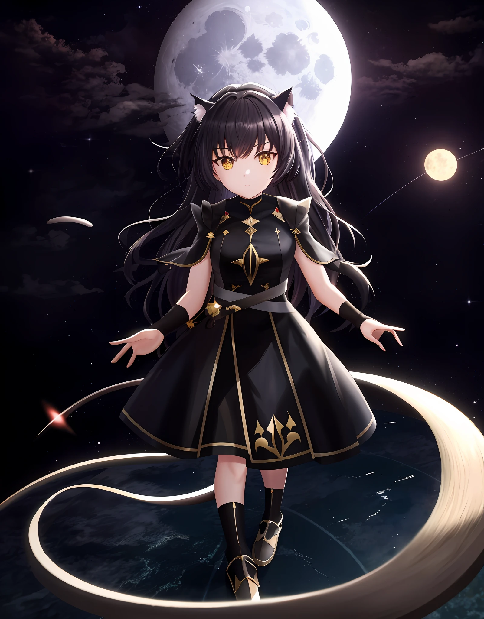 Striking, beautiful, tail tip, stair walking, overcast, wide angle, space, moon in the sky, cat ears, dark hair