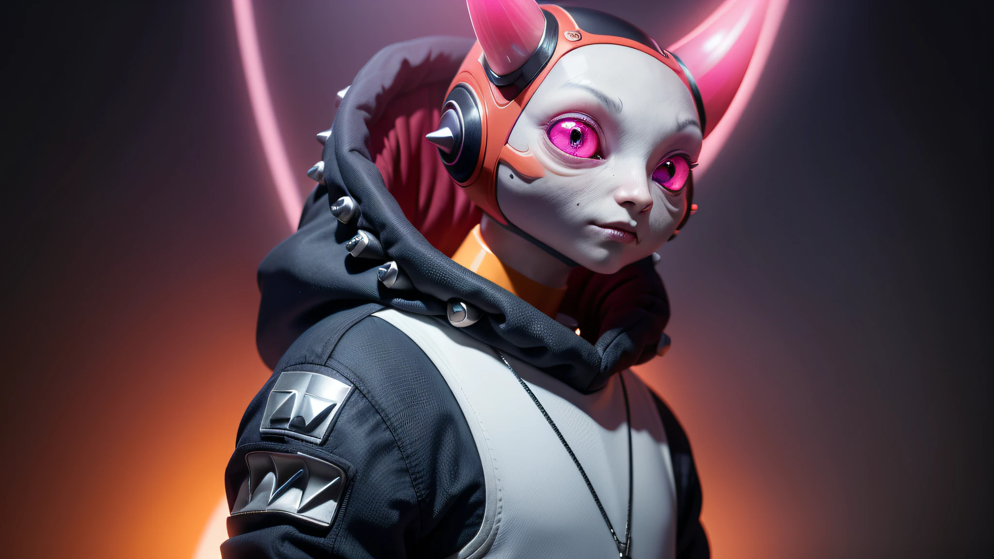 An alien, with albino and realistic skin, large head, short and thin neck, very large eyes and all black, which reflects the local lighting, a nose similar to that of humans but small, a mouth similar to that of humans but small, the body is thin and thin, the alien wears a white sleeve shirt with a letter made of small silver that appears to the right represented within a triangle of the same size, the clothing is inspired by the clothes used for surfing, the color to be used is red, pink chock and blue, as well as details of the environment, and manufactured with neoprene fabric, it is possible to notice a silver necklace hanging from his neck, with a pinjente in the triangular shape with an eye that sees everything in the center as a symbol. the alien is in a recording studio whose scenery is minimalist and features a gray background in gradient hue to circular white, the camera captures the image from the waist up, the alien presents friendly and light expressions, the alien interact with the camera always with a slight smile of satisfaction and tranquility, The skin used and all the elements are of extreme realism, especially the skins, the lighting is an illumination inspired by the 80s.